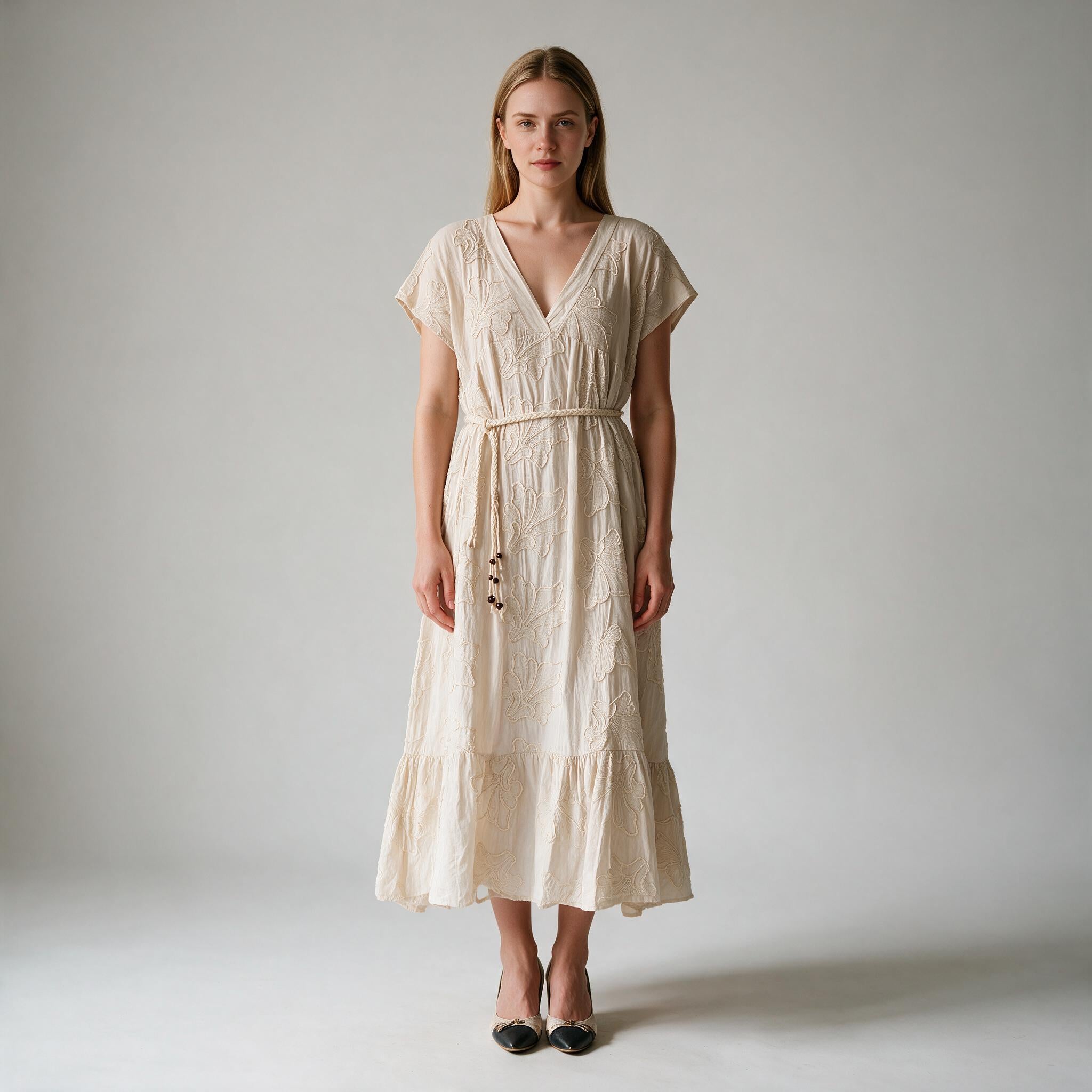 Elegant Beige Midi Ladies Dress