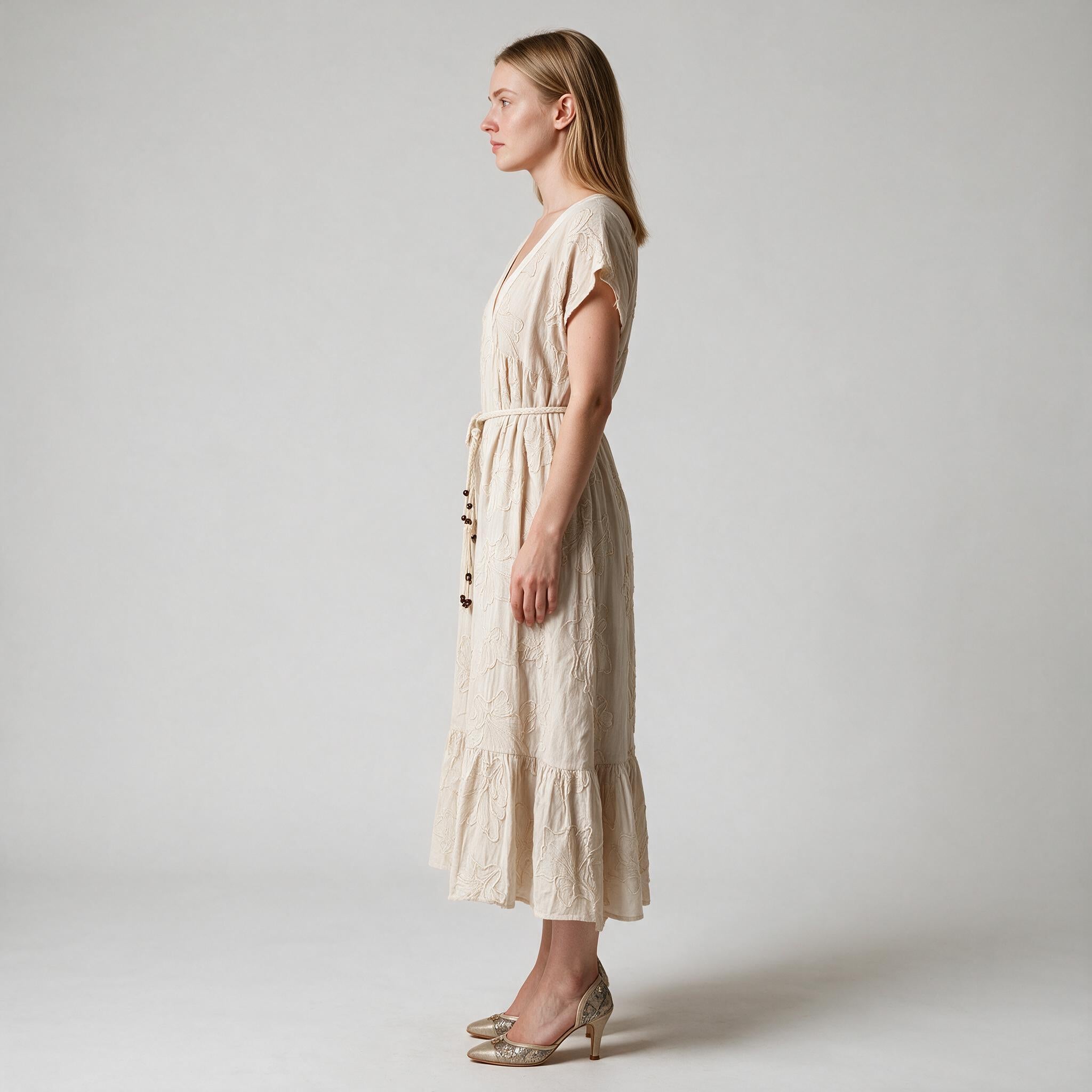 Elegant Beige Midi Ladies Dress
