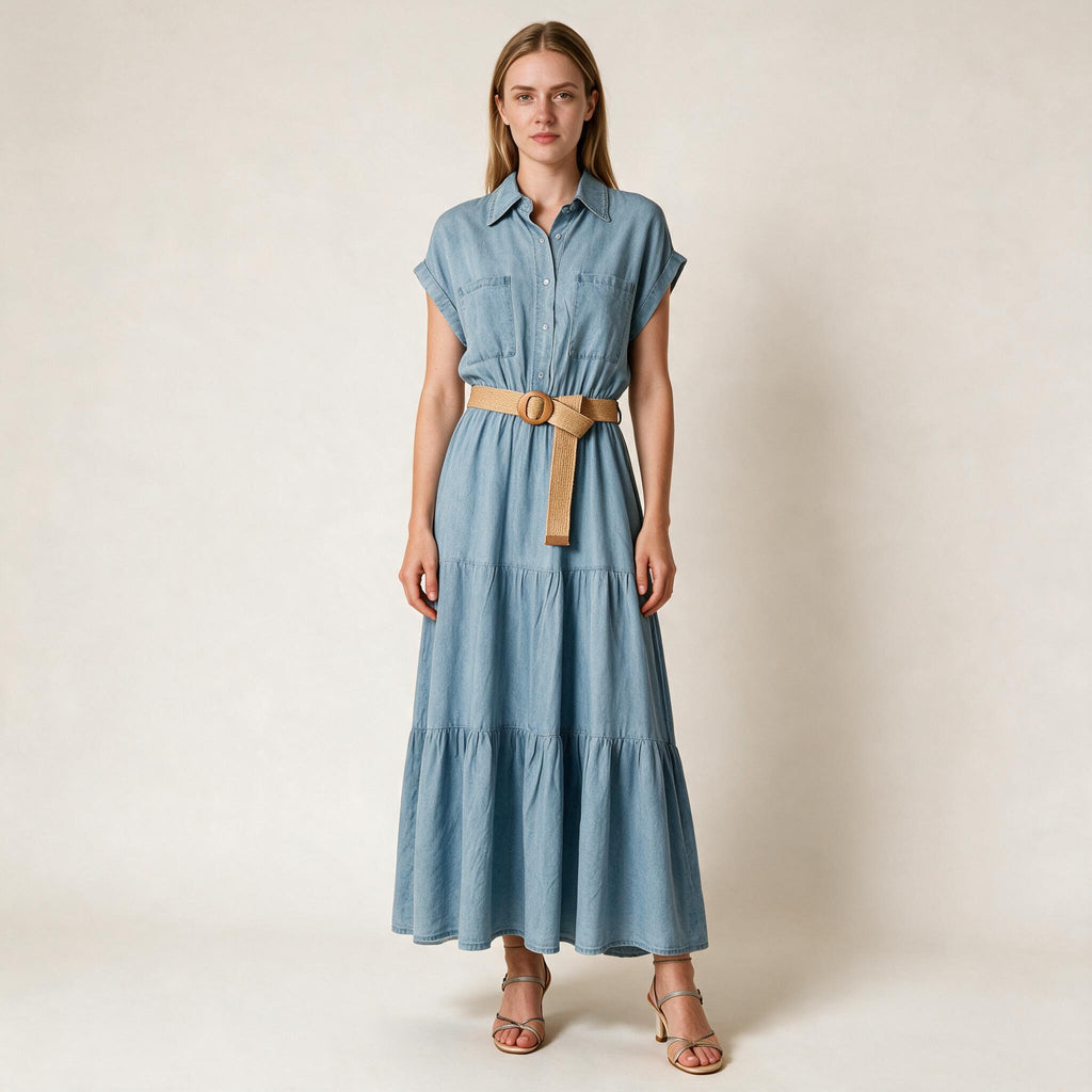 Light Blue Ladies Boho Belt Dress