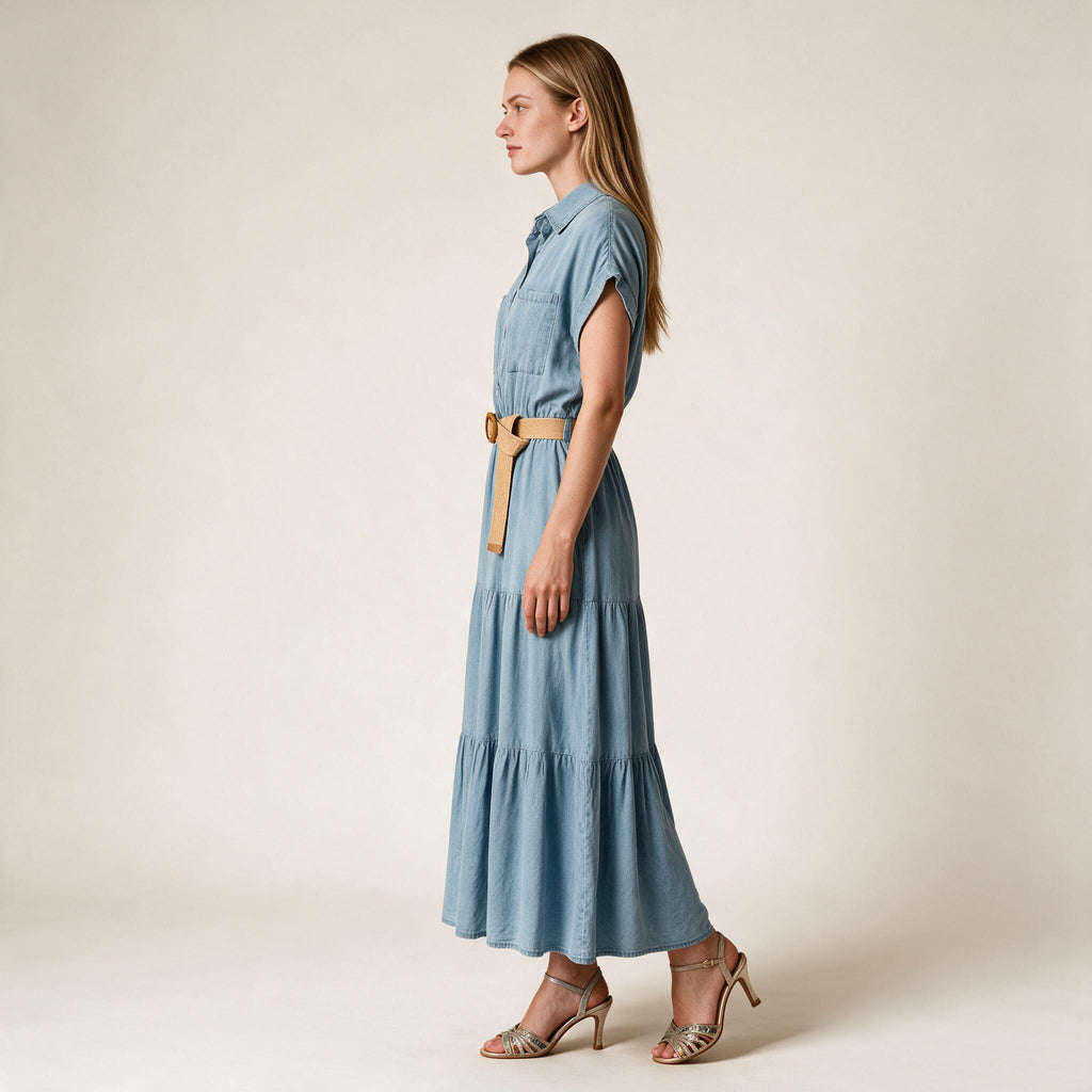 Light Blue Ladies Boho Belt Dress