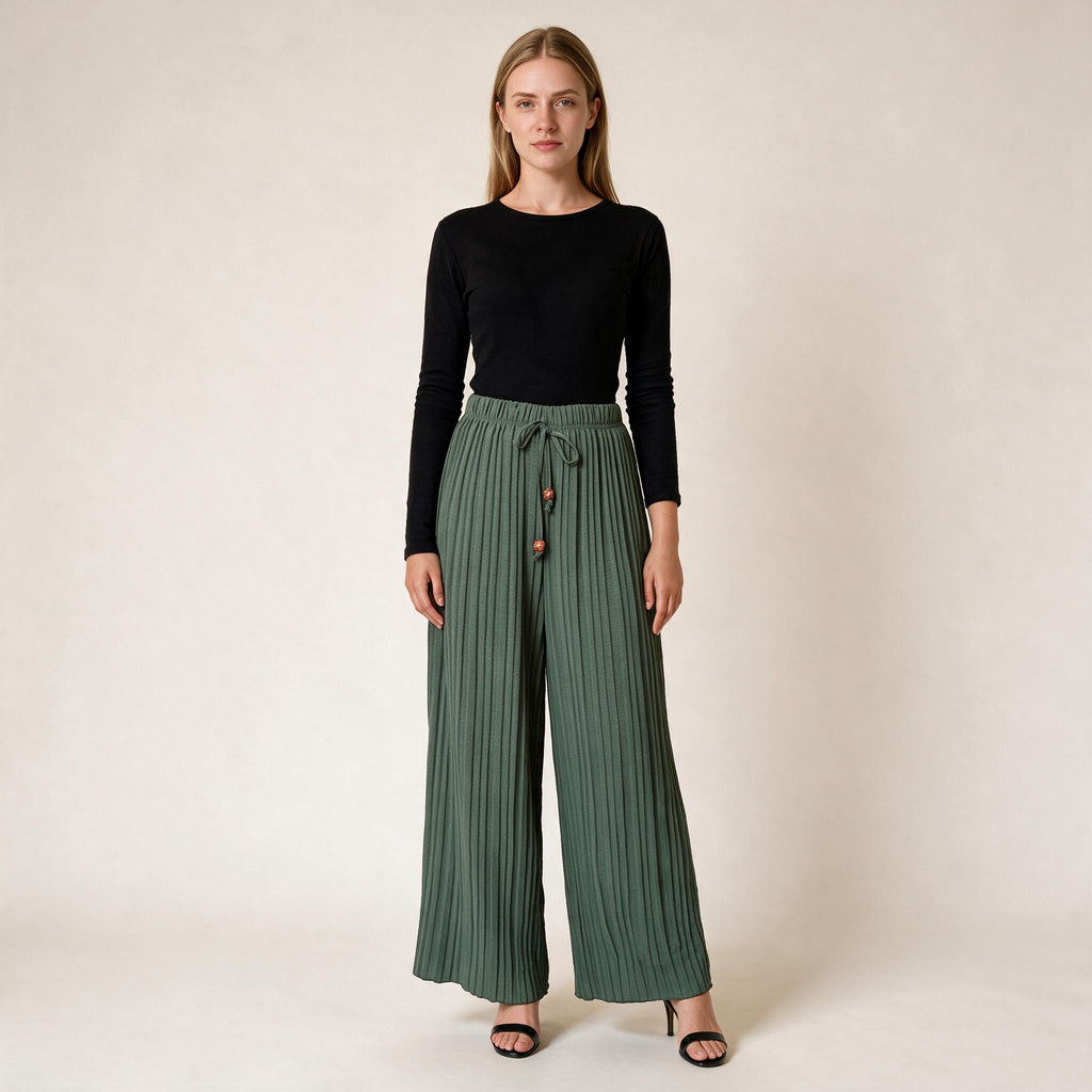 Olive Comfy Ladies Wide Leg Trousers- Women's Bottom - One Size, Fall Winter
