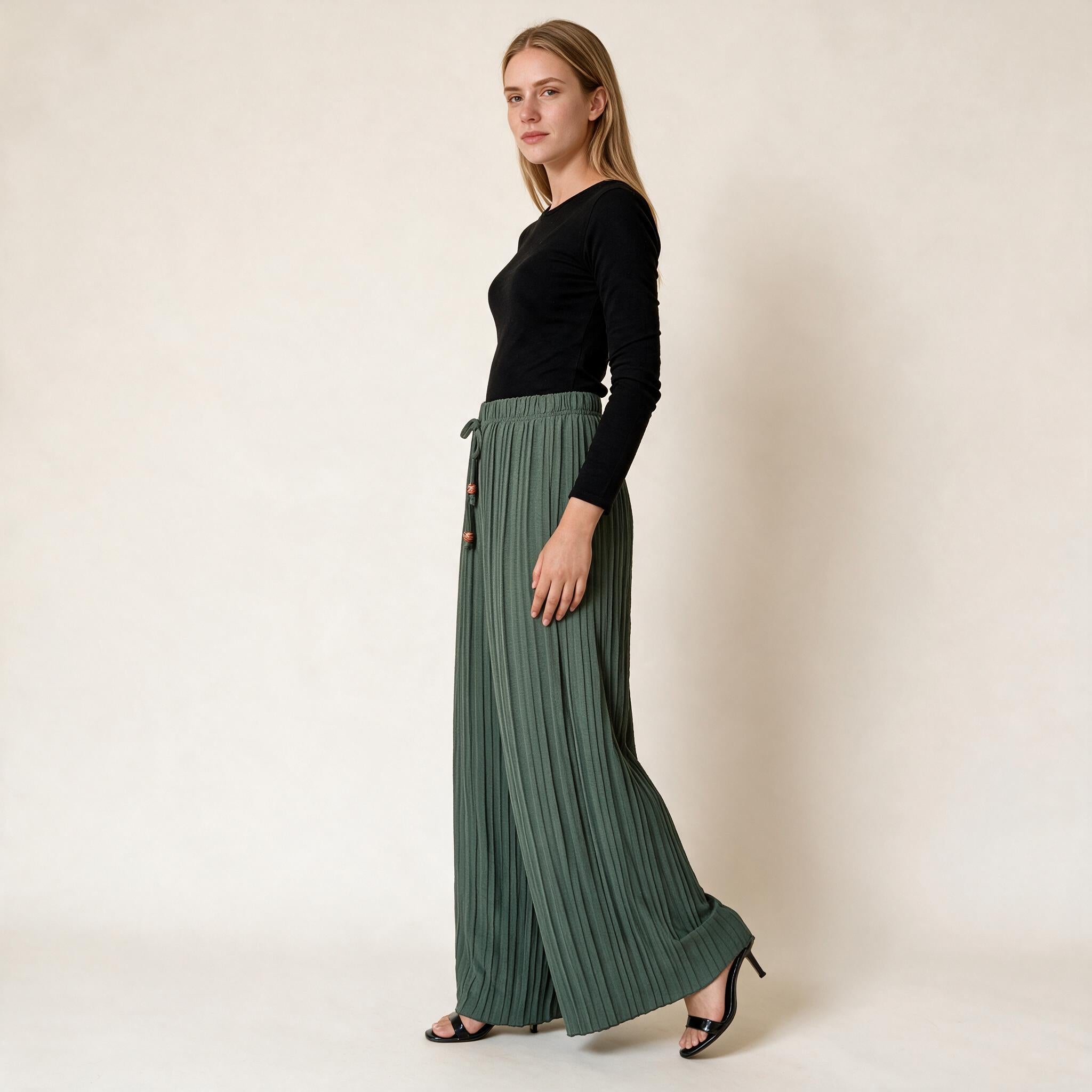 Olive Comfy Ladies Wide Leg Trousers- Women's Bottom - One Size, Fall Winter