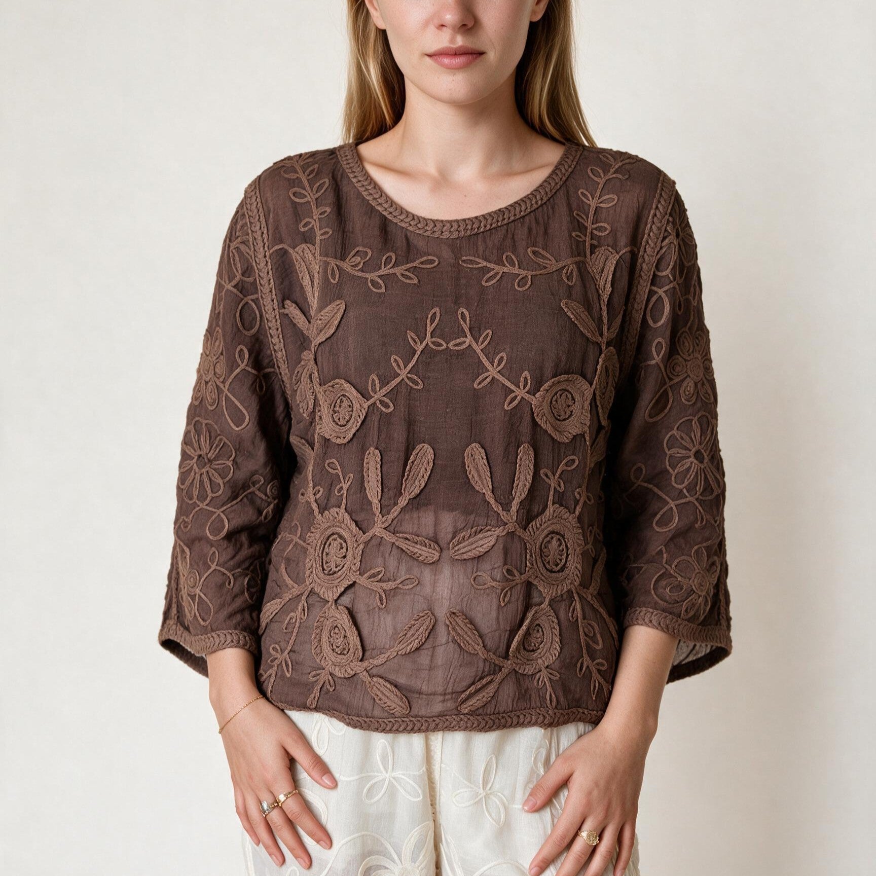 Boho Brown Embroidery Ladies Timeless Blouse - Fall Winter Top