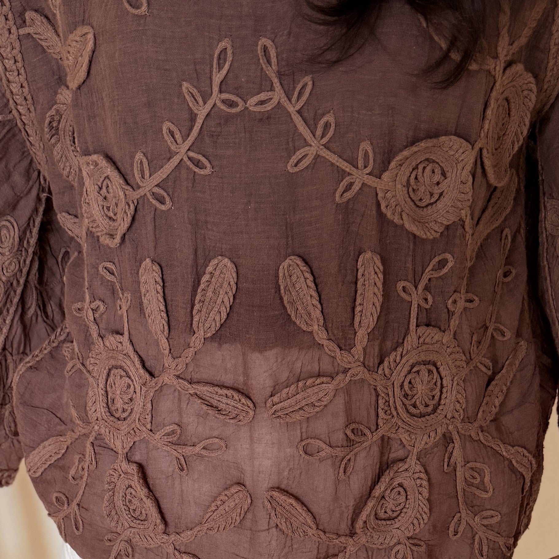 Boho Brown Embroidery Ladies Timeless Blouse - Fall Winter Top