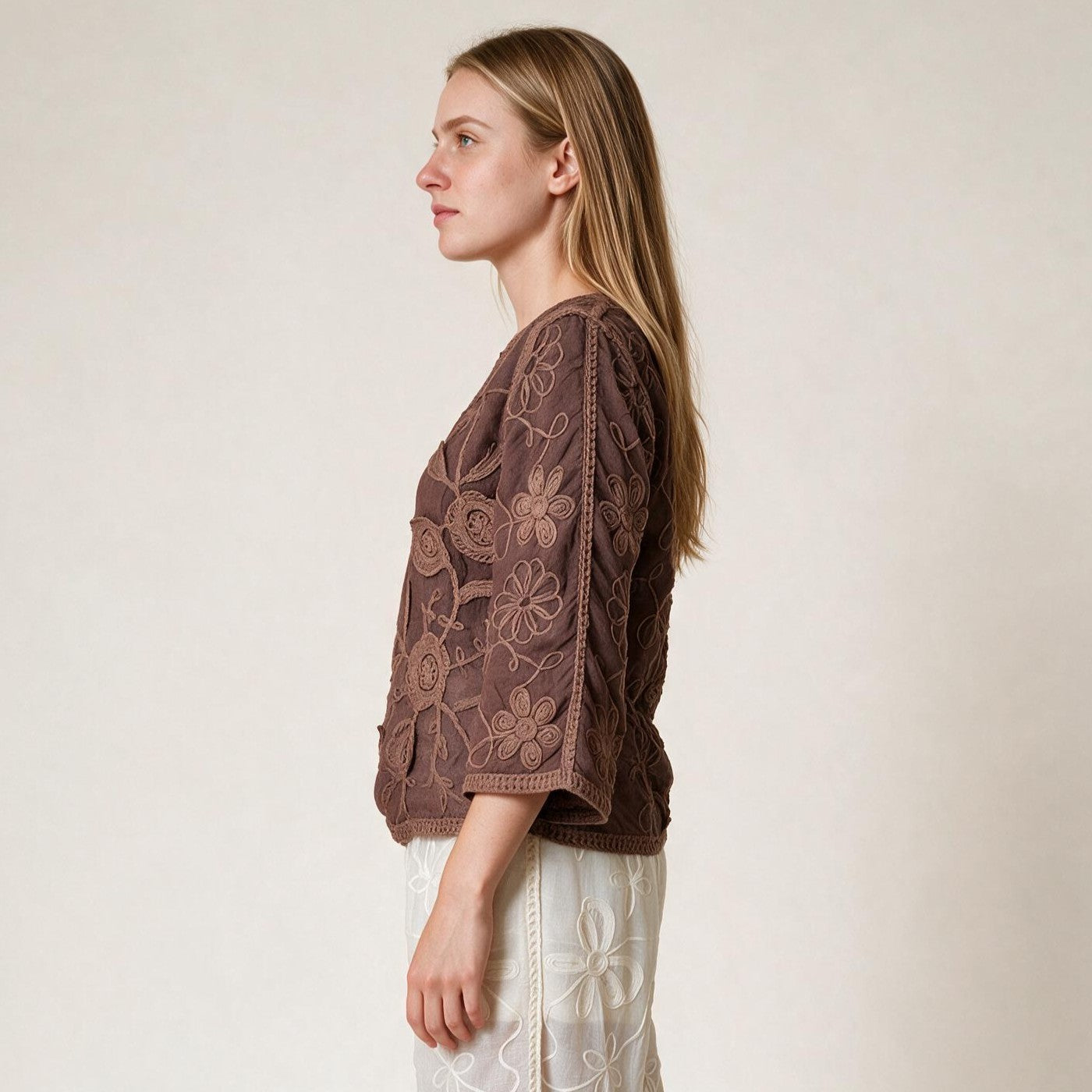 Boho Brown Embroidery Ladies Timeless Blouse - Fall Winter Top