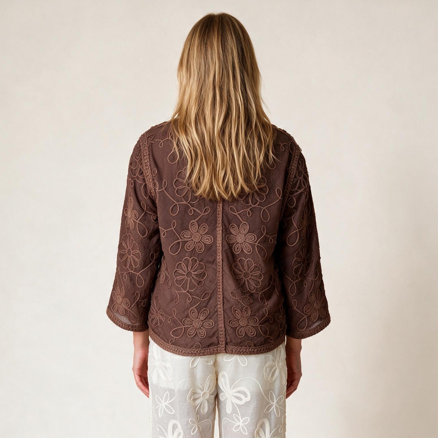 Boho Brown Embroidery Ladies Timeless Blouse - Fall Winter Top