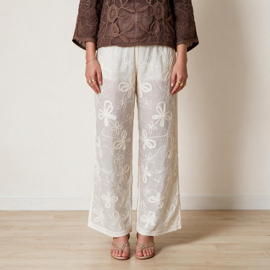 Ladies Elegant Embroidery Wide Leg Trousers - One Size