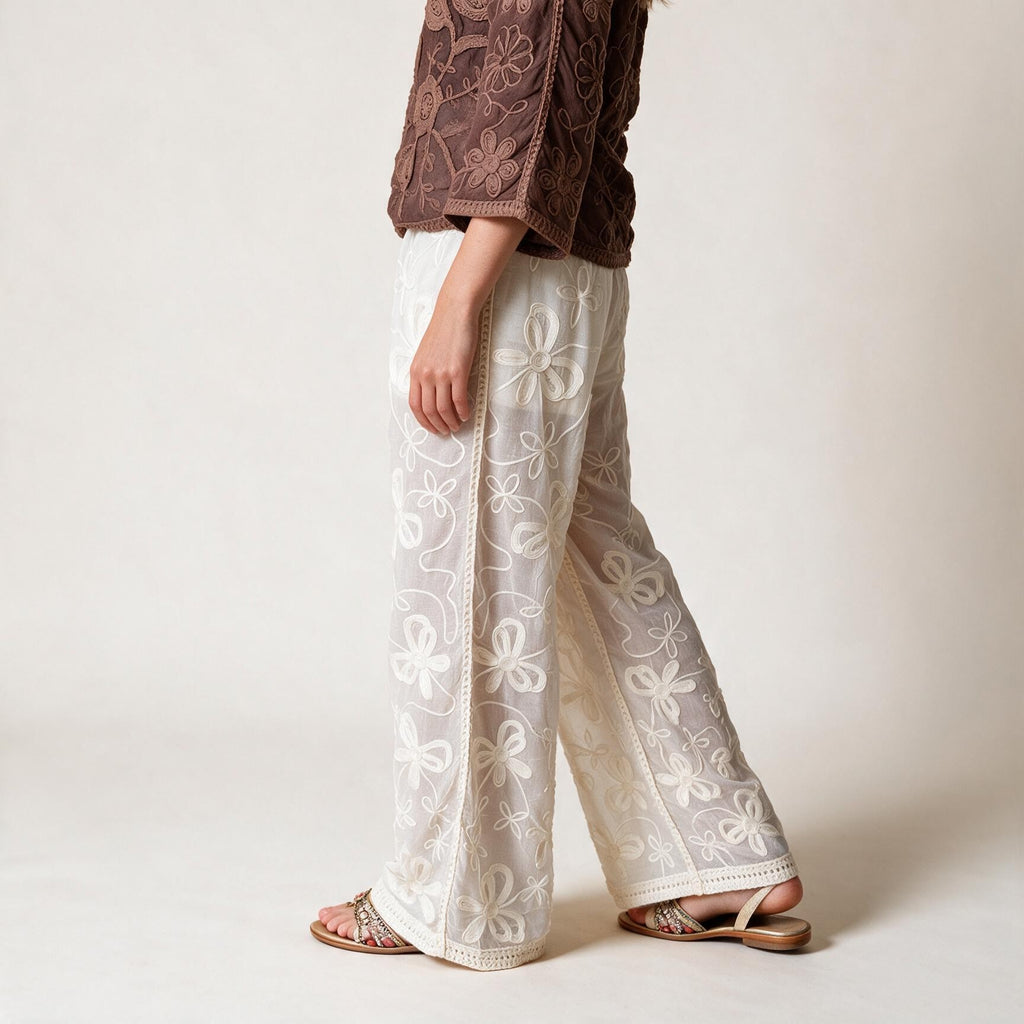 Ladies Elegant Embroidery Wide Leg Trousers - One Size