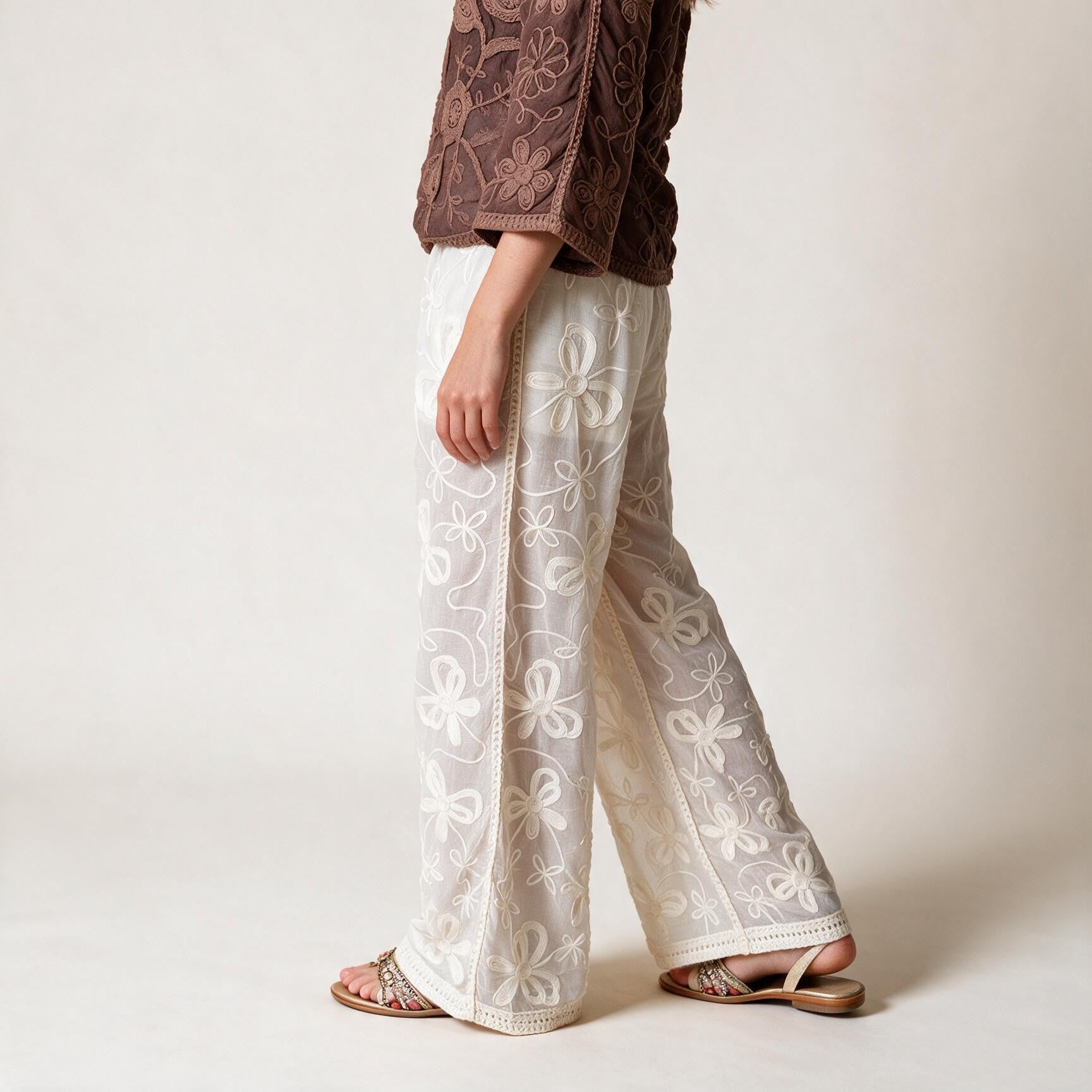 Ladies Elegant Embroidery Wide Leg Trousers - One Size