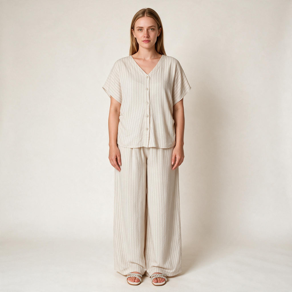 Beige Top & Trousers Lining Co-ord Set For Ladies