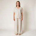 Beige Top & Trousers Lining Co-ord Set For Ladies