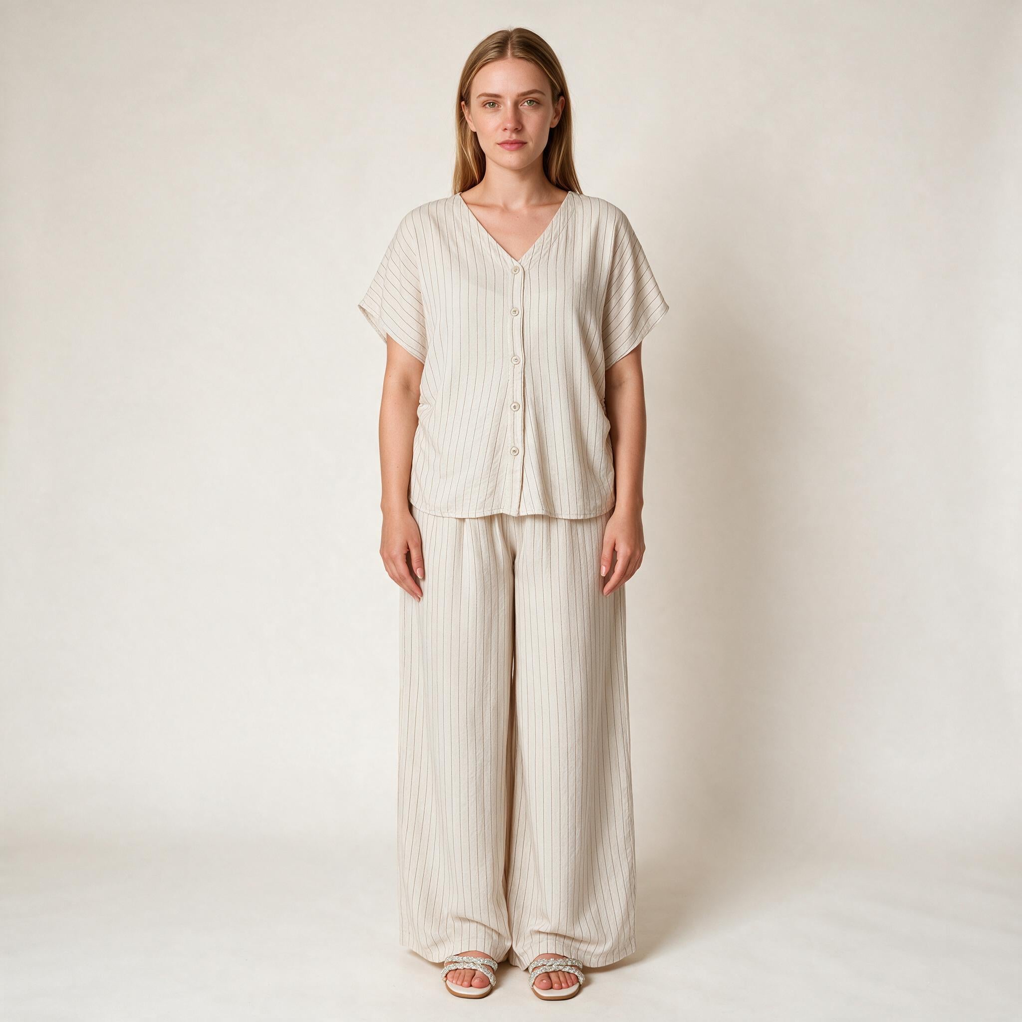 Beige Top & Trousers Lining Co-ord Set For Ladies