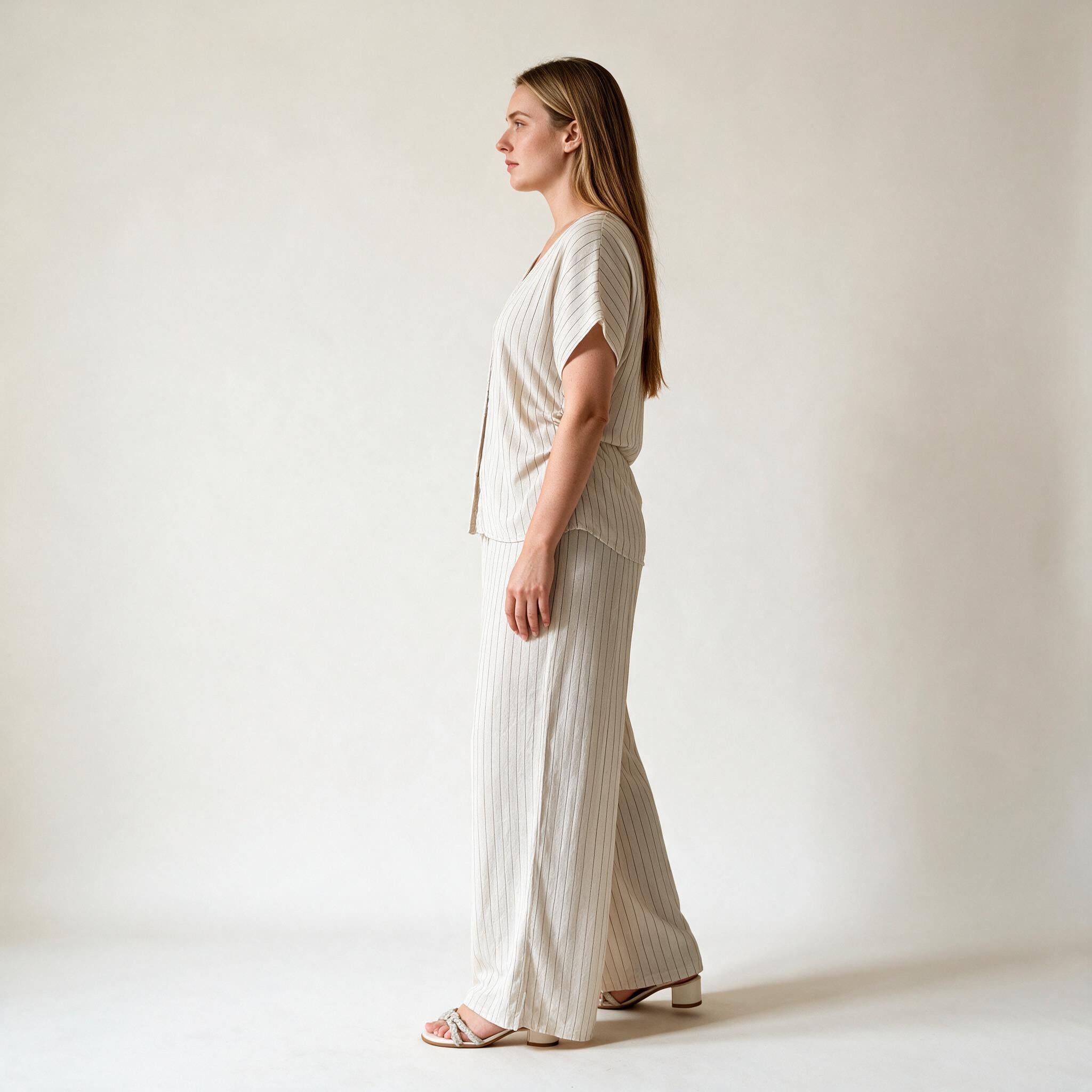 Beige Top & Trousers Lining Co-ord Set For Ladies