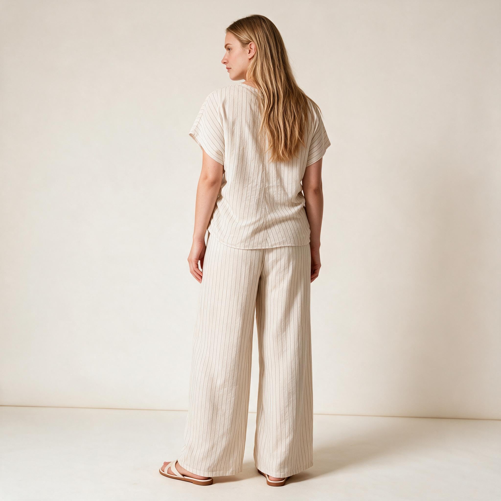 Beige Top & Trousers Lining Co-ord Set For Ladies