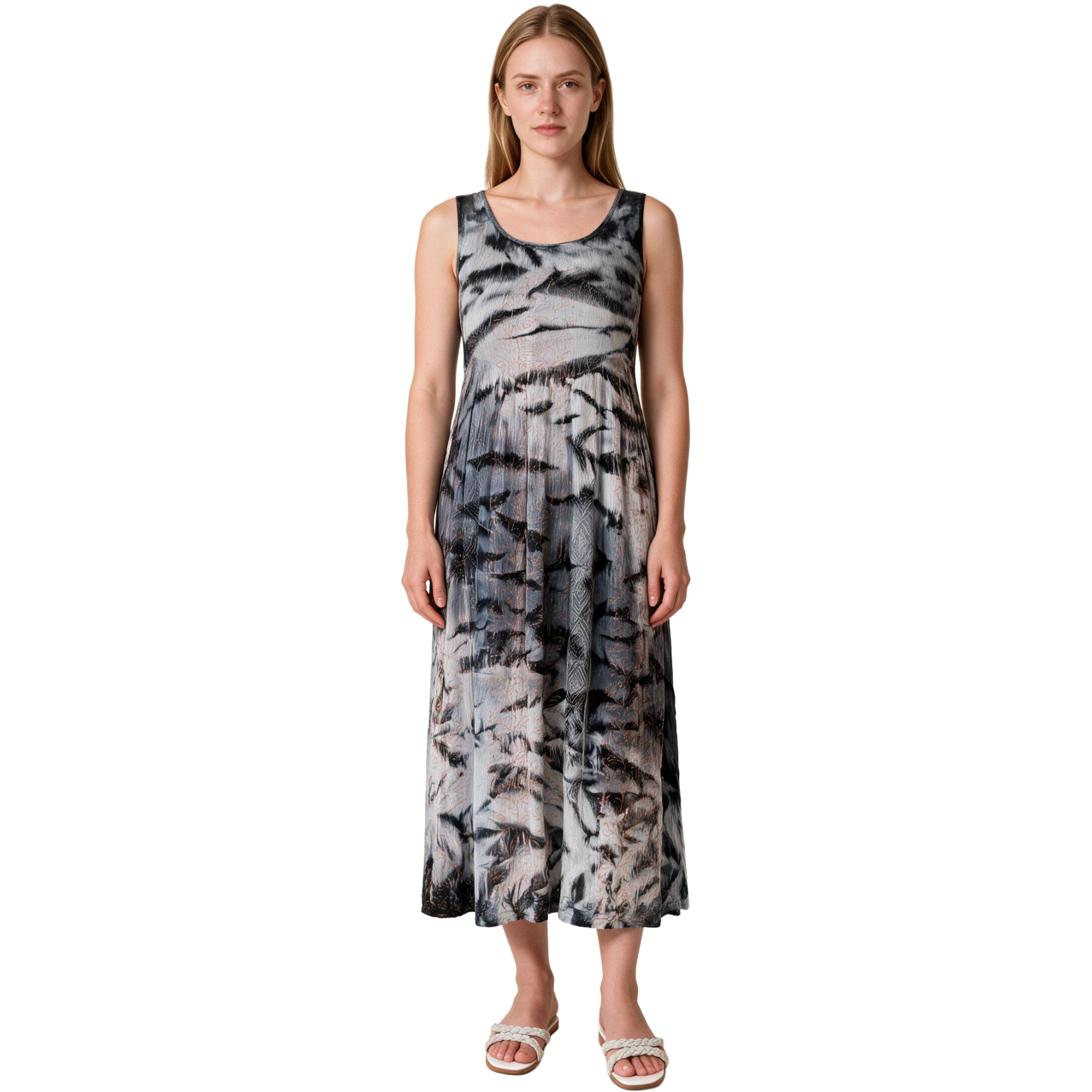 Shirred Tie & Dye Ladies Dress in Black Color , Embroidery on Borders