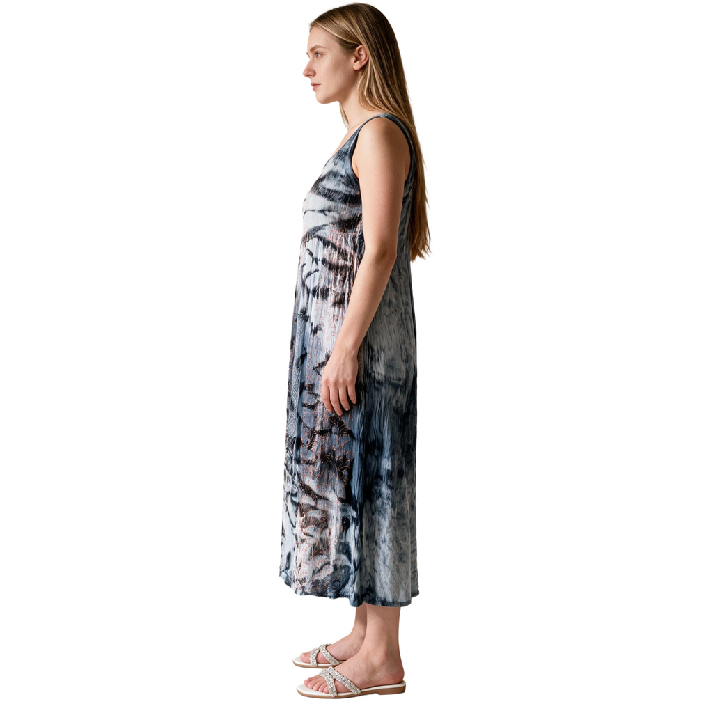 Shirred Tie & Dye Ladies Dress in Black Color , Embroidery on Borders