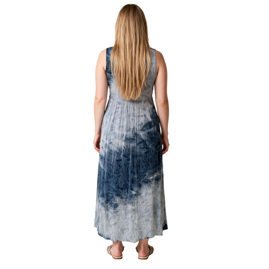 Shirred Tie & Dye Ladies Dress in Black Color , Embroidery on Borders