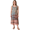 Shirred Tie & Dye Midi Ladies Dress in Turqoise Beige Color , Embroidery on Borders