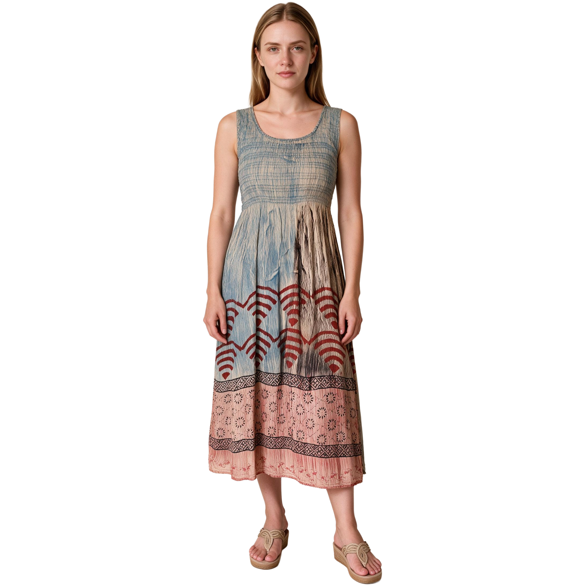 Shirred Tie & Dye Midi Ladies Dress in Turqoise Beige Color , Embroidery on Borders