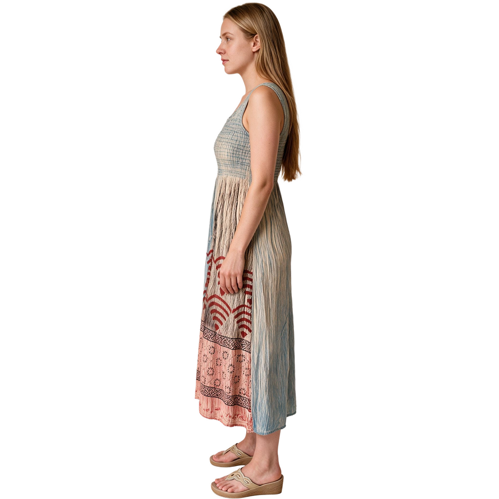 Shirred Tie & Dye Midi Ladies Dress in Turqoise Beige Color , Embroidery on Borders