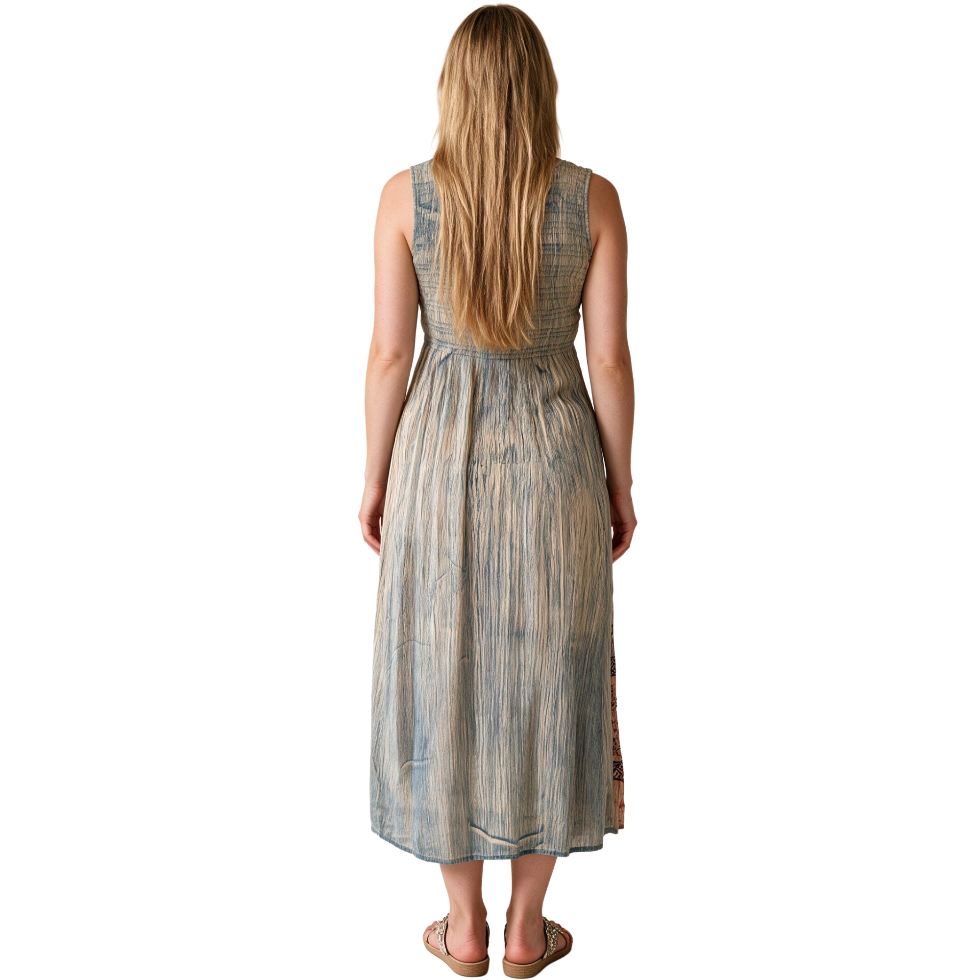 Shirred Tie & Dye Midi Ladies Dress in Turqoise Beige Color , Embroidery on Borders