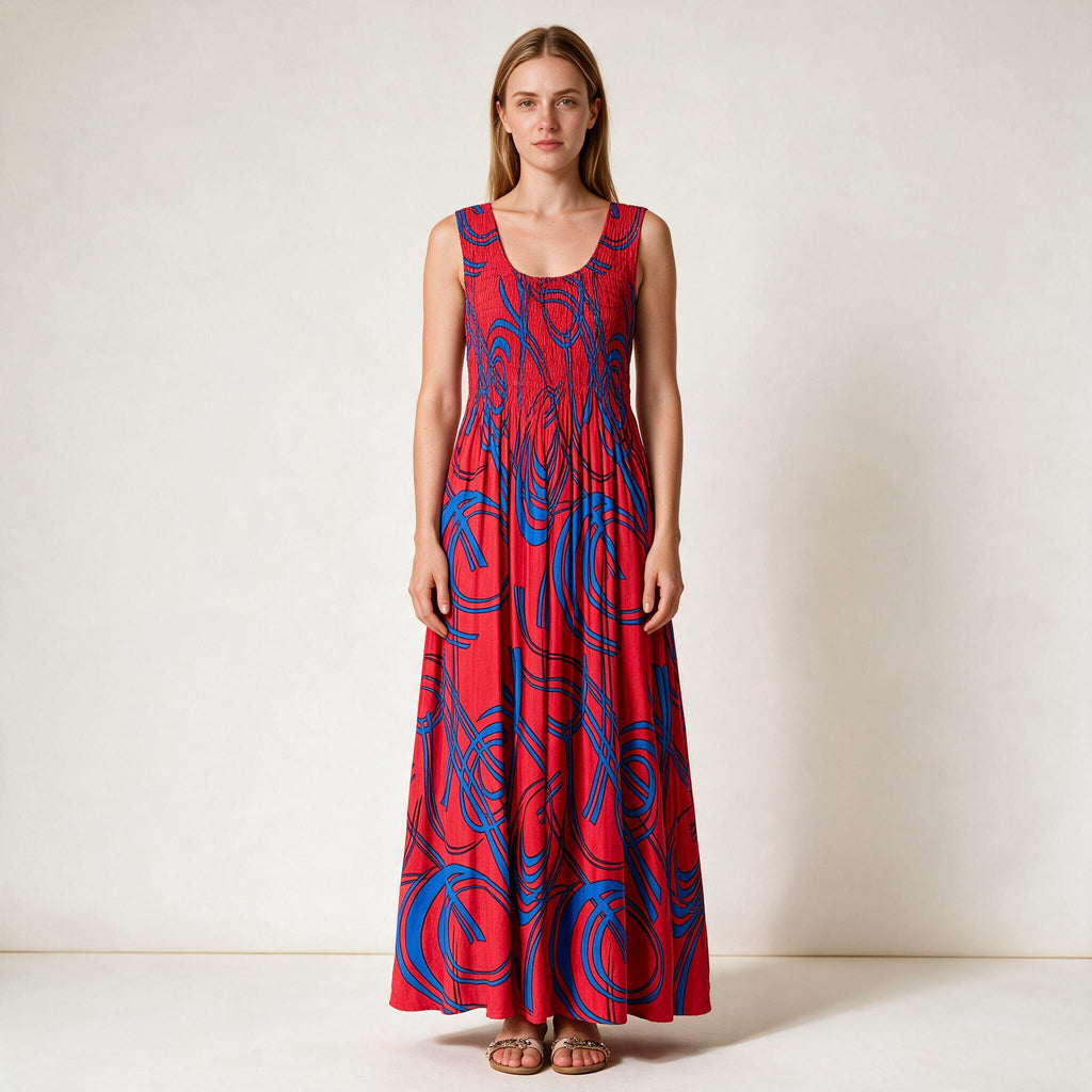 Shirred Tie & Dye Maxi Ladies Dress in Red & Blue Color One Size