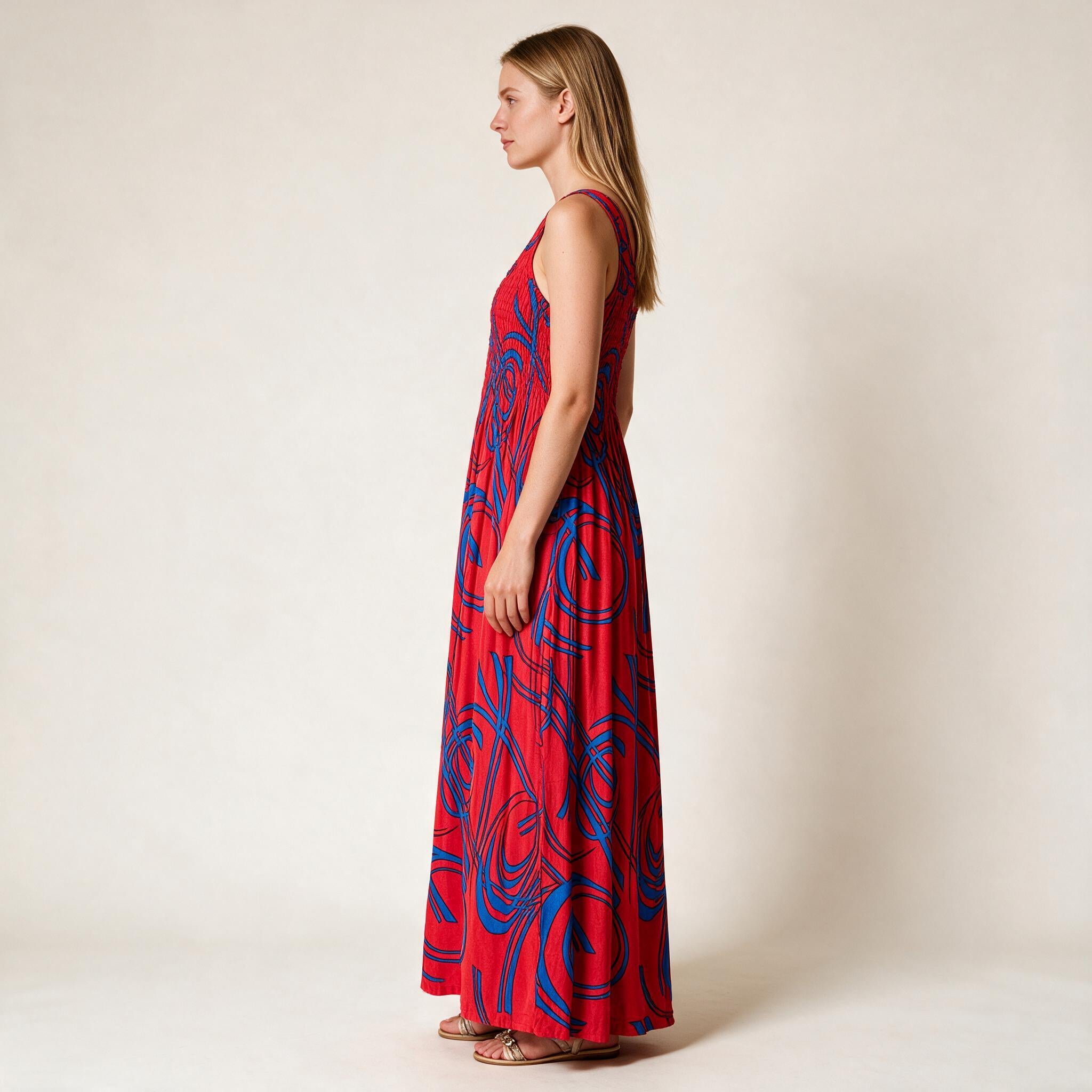 Shirred Tie & Dye Maxi Ladies Dress in Red & Blue Color One Size