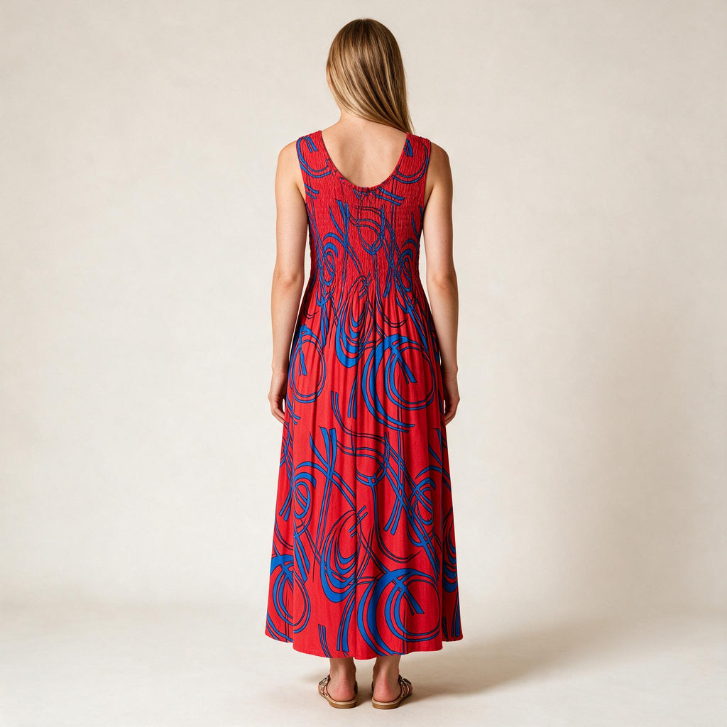 Shirred Tie & Dye Maxi Ladies Dress in Red & Blue Color One Size
