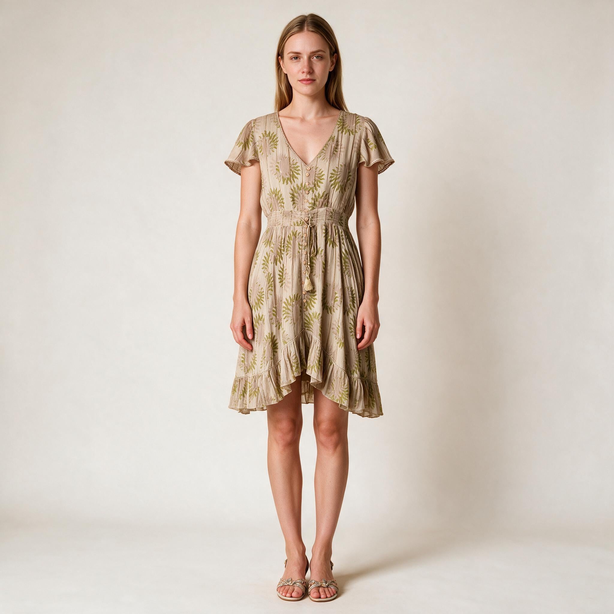 Beautiful Beige Ladies Dress Full of Detailed Work Shiny Ruffle Party Dress- Size S