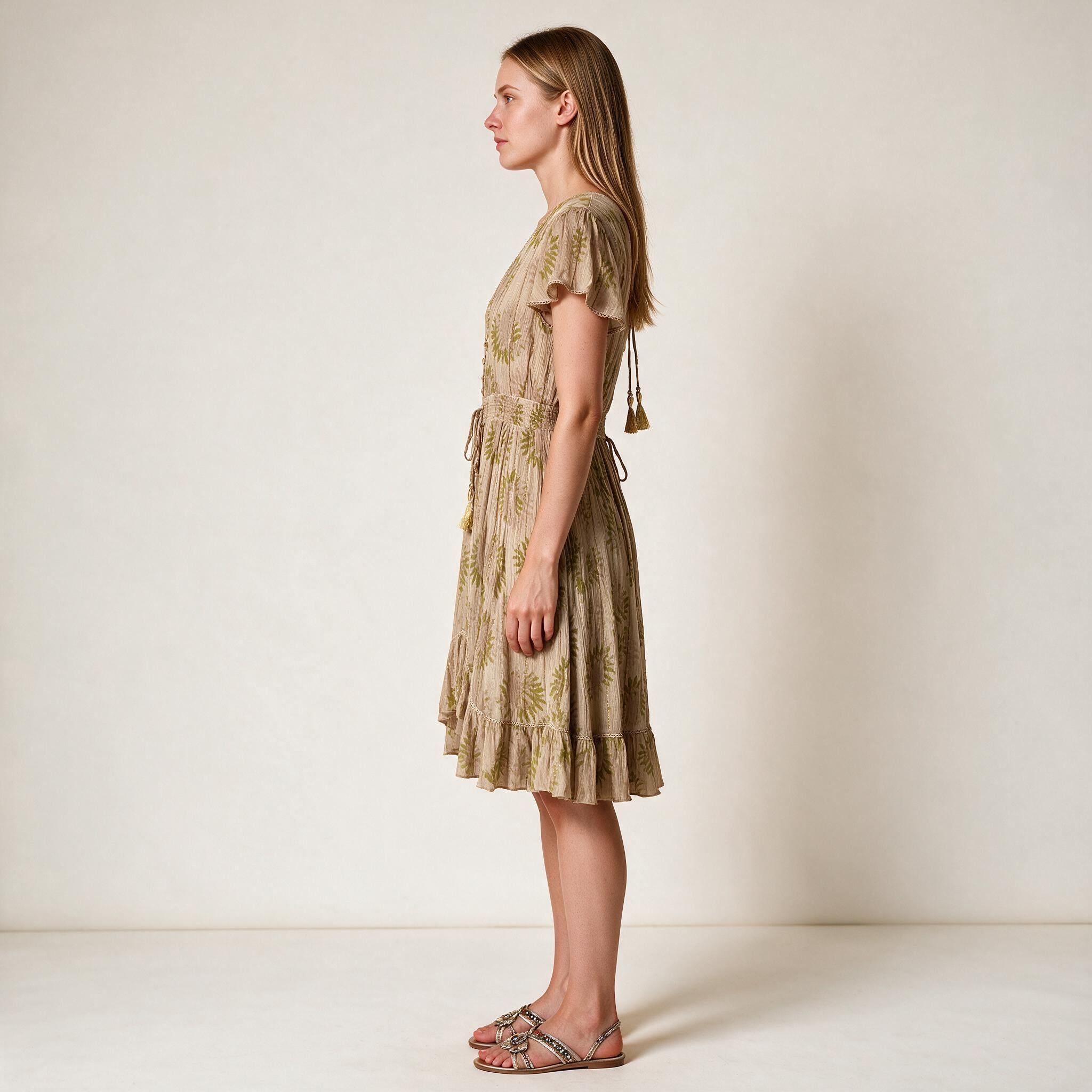 Beautiful Beige Ladies Dress Full of Detailed Work Shiny Ruffle Party Dress- Size S