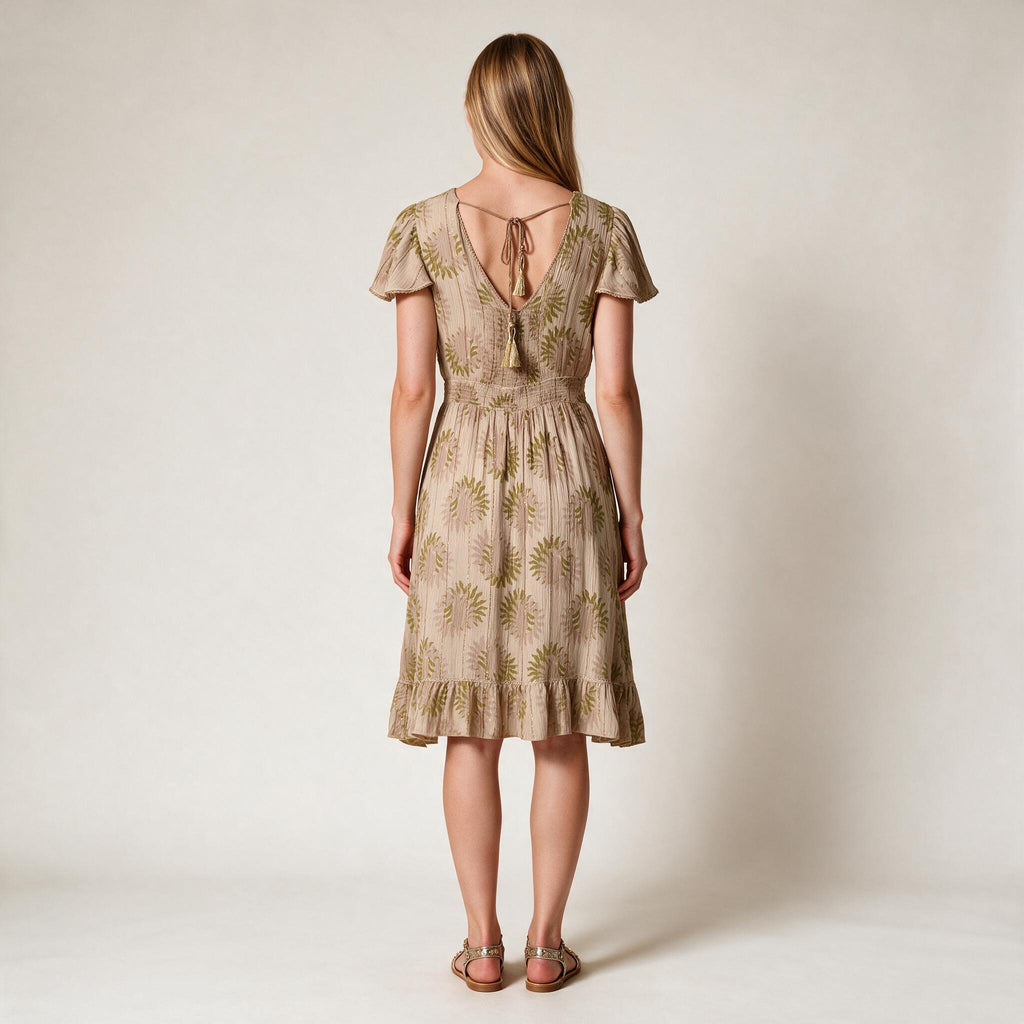 Beautiful Beige Ladies Dress Full of Detailed Work Shiny Ruffle Party Dress- Size S
