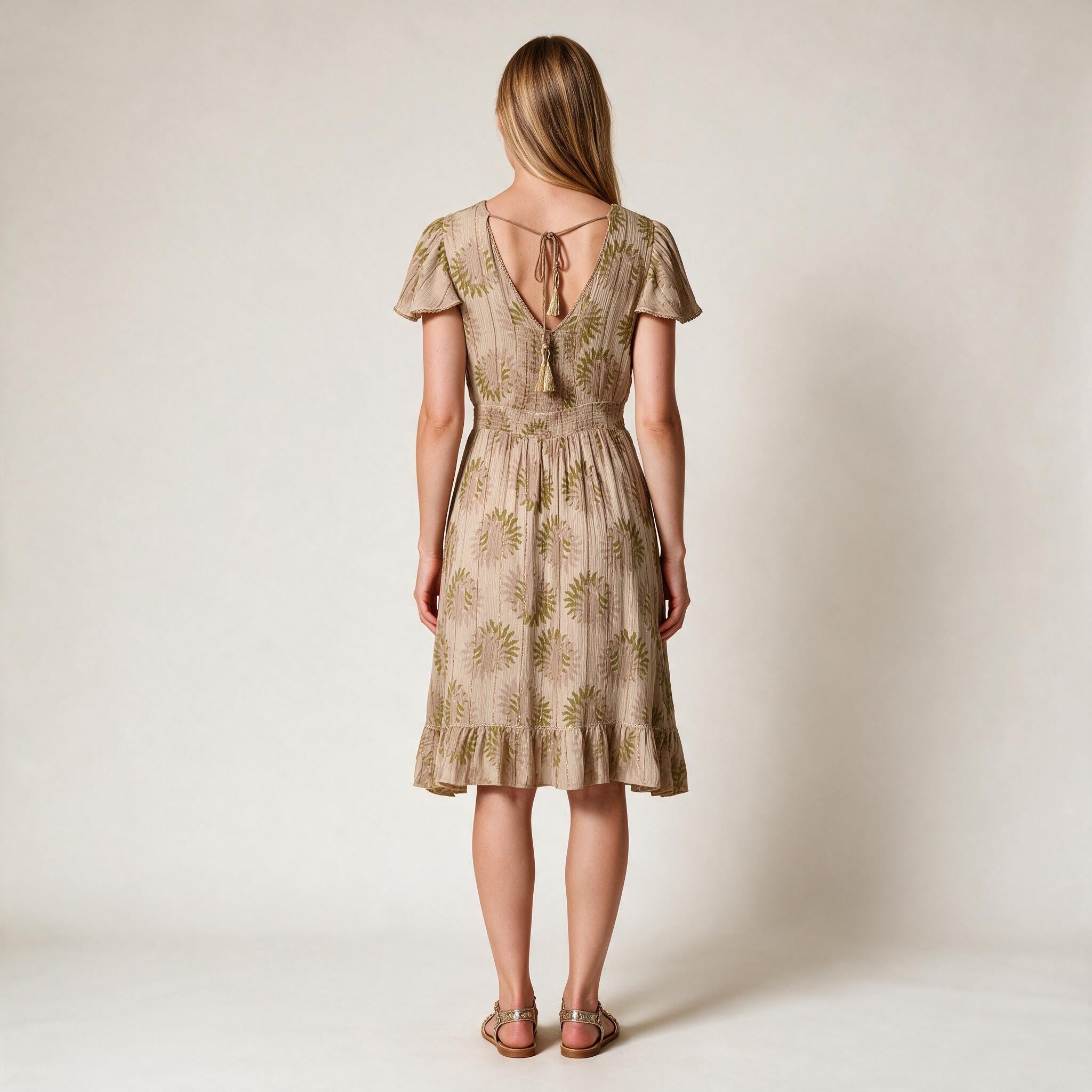 Beautiful Beige Ladies Dress Full of Detailed Work Shiny Ruffle Party Dress- Size S