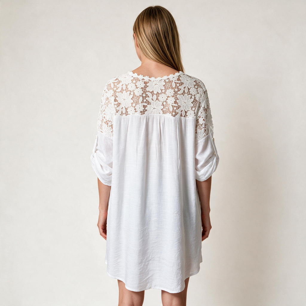Beach White Embroidery Tunic Dress- Size L