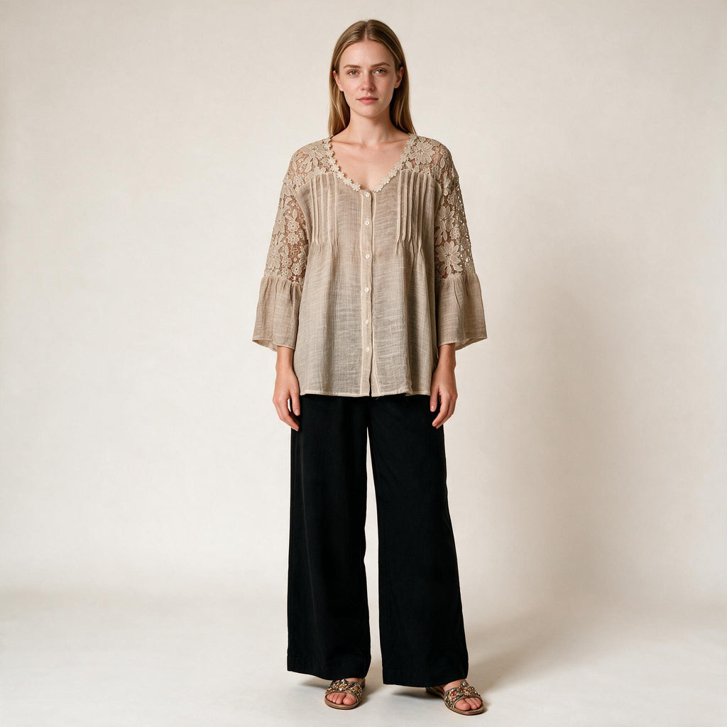 Ladies Beige Detailed Embroidery Top