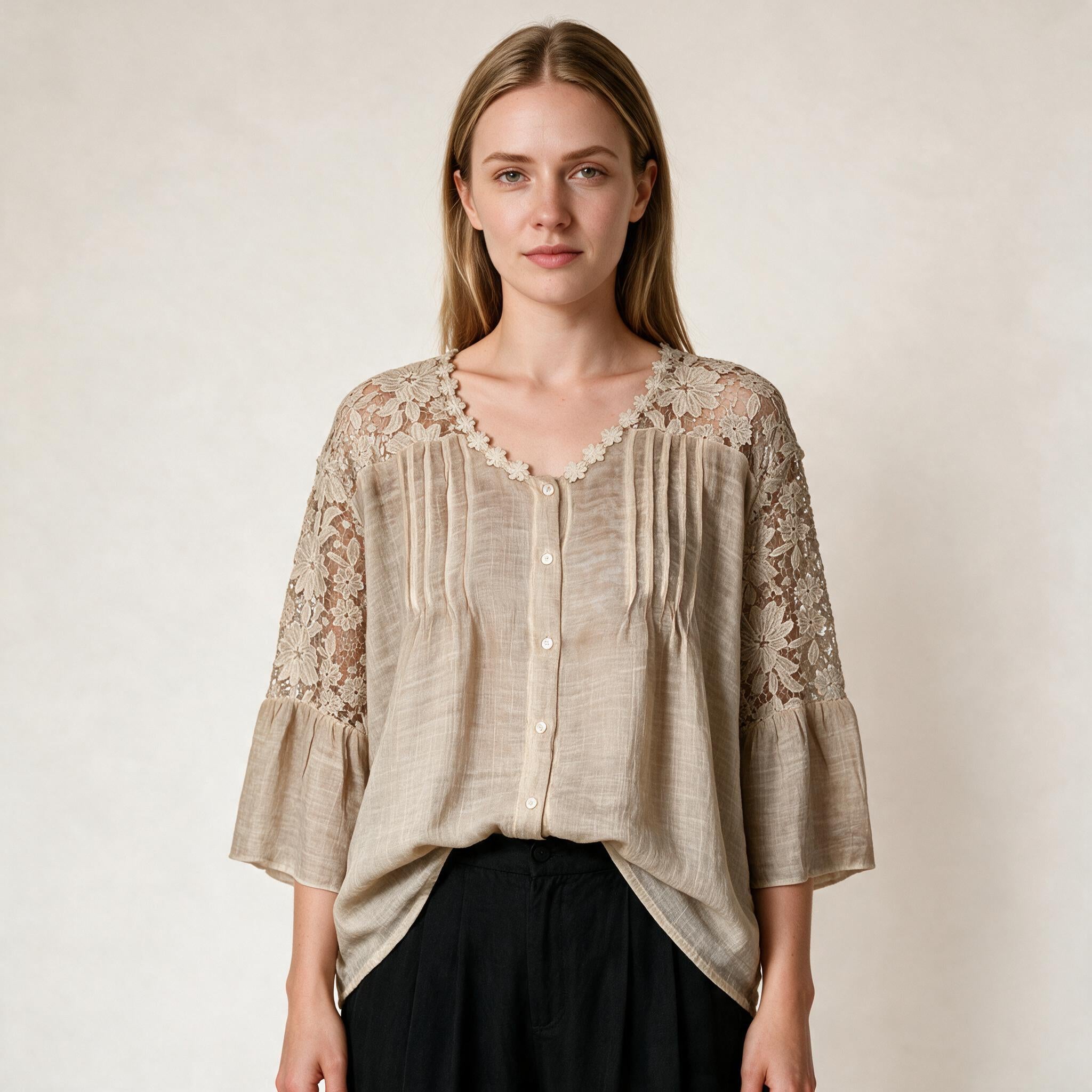 Ladies Beige Detailed Embroidery Top
