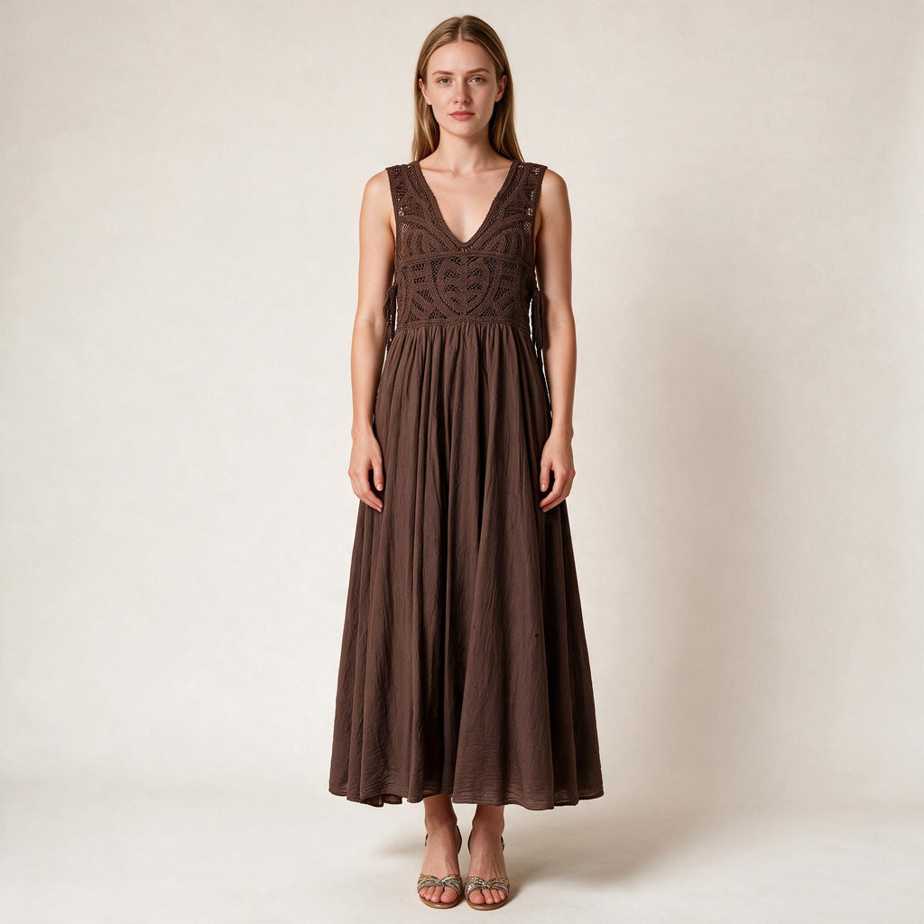 Brown Net Design Long Flared Dress- Fall Winter , Size S
