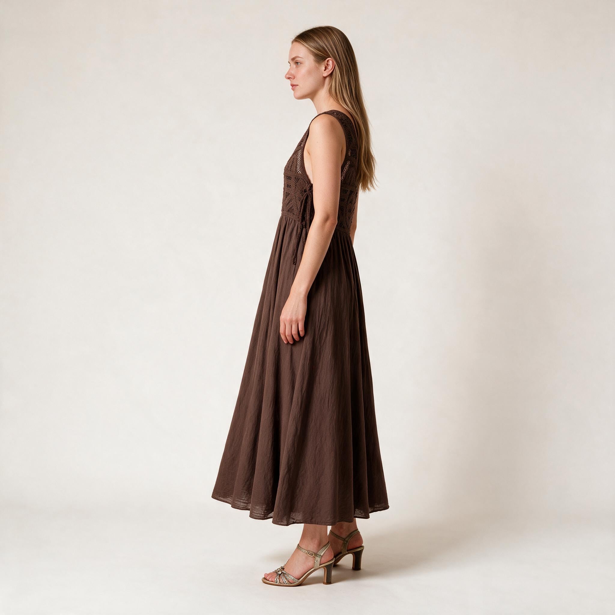 Brown Net Design Long Flared Dress- Fall Winter , Size S