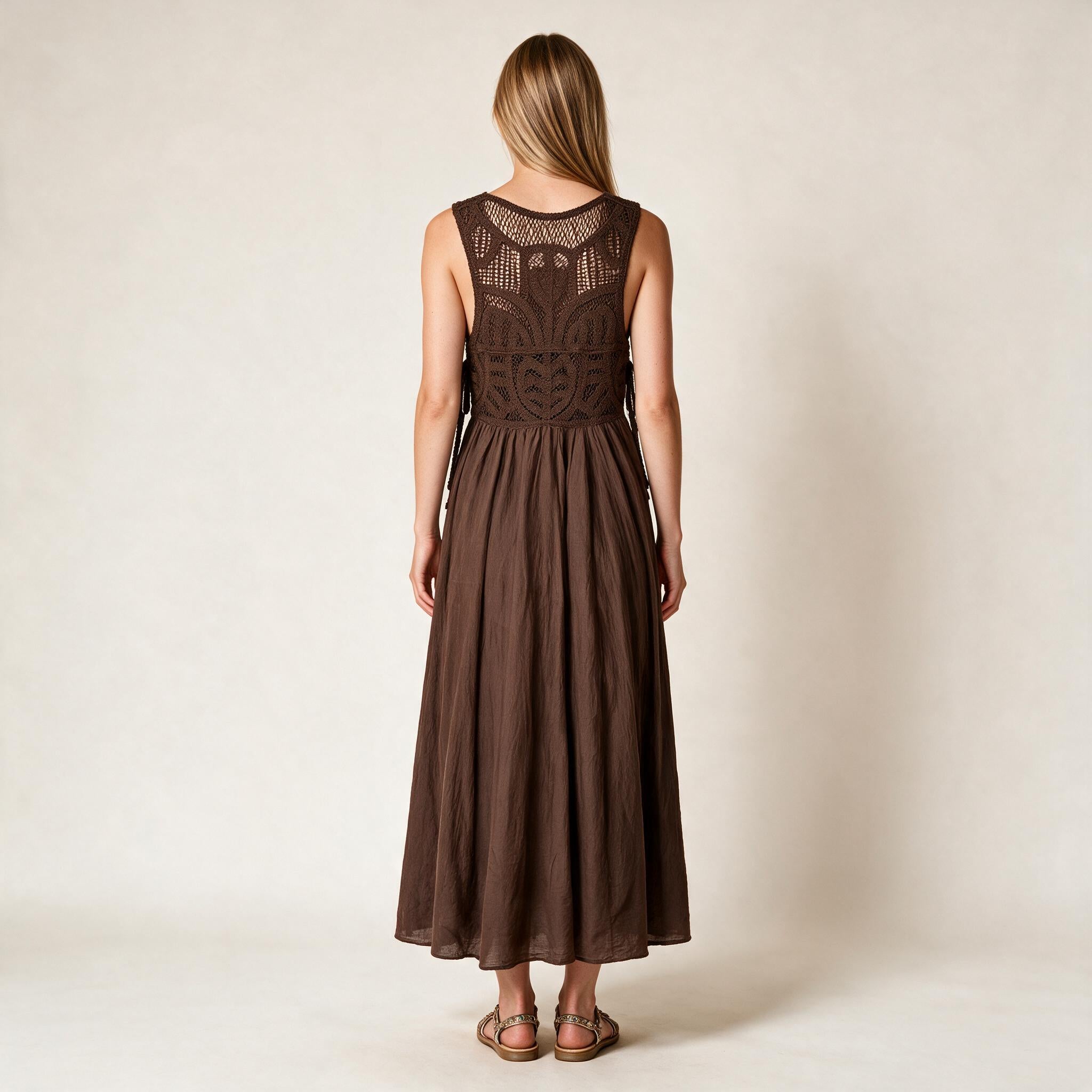 Brown Net Design Long Flared Dress- Fall Winter , Size S