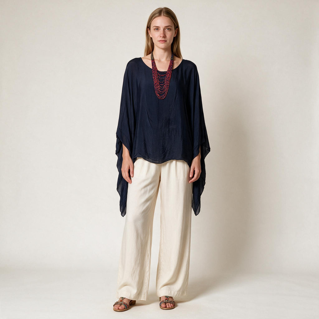 Navy Blue Silk Ladies Kaftan Style Top- One Size , Fall Winter