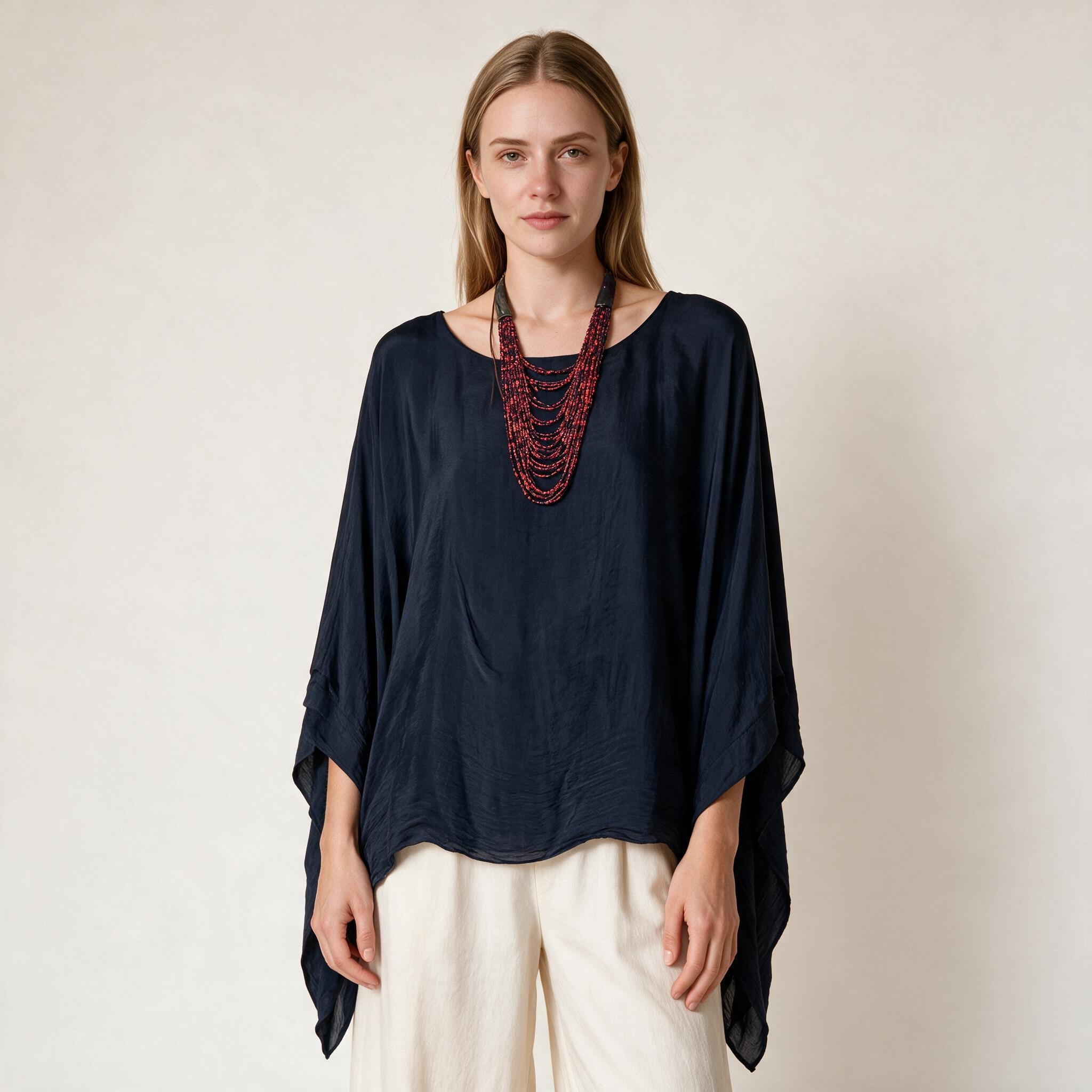 Navy Blue Silk Ladies Kaftan Style Top- One Size , Fall Winter