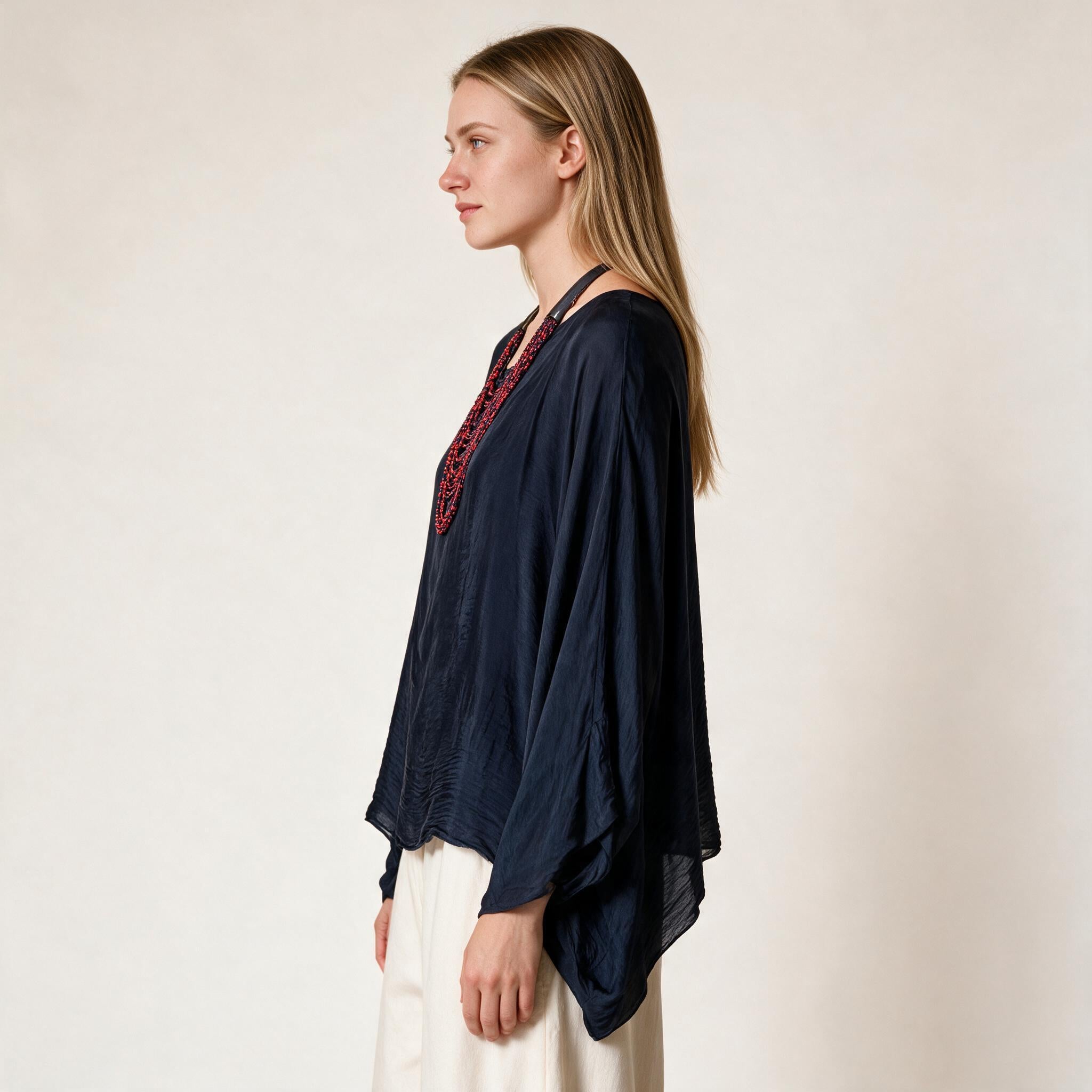 Navy Blue Silk Ladies Kaftan Style Top- One Size , Fall Winter