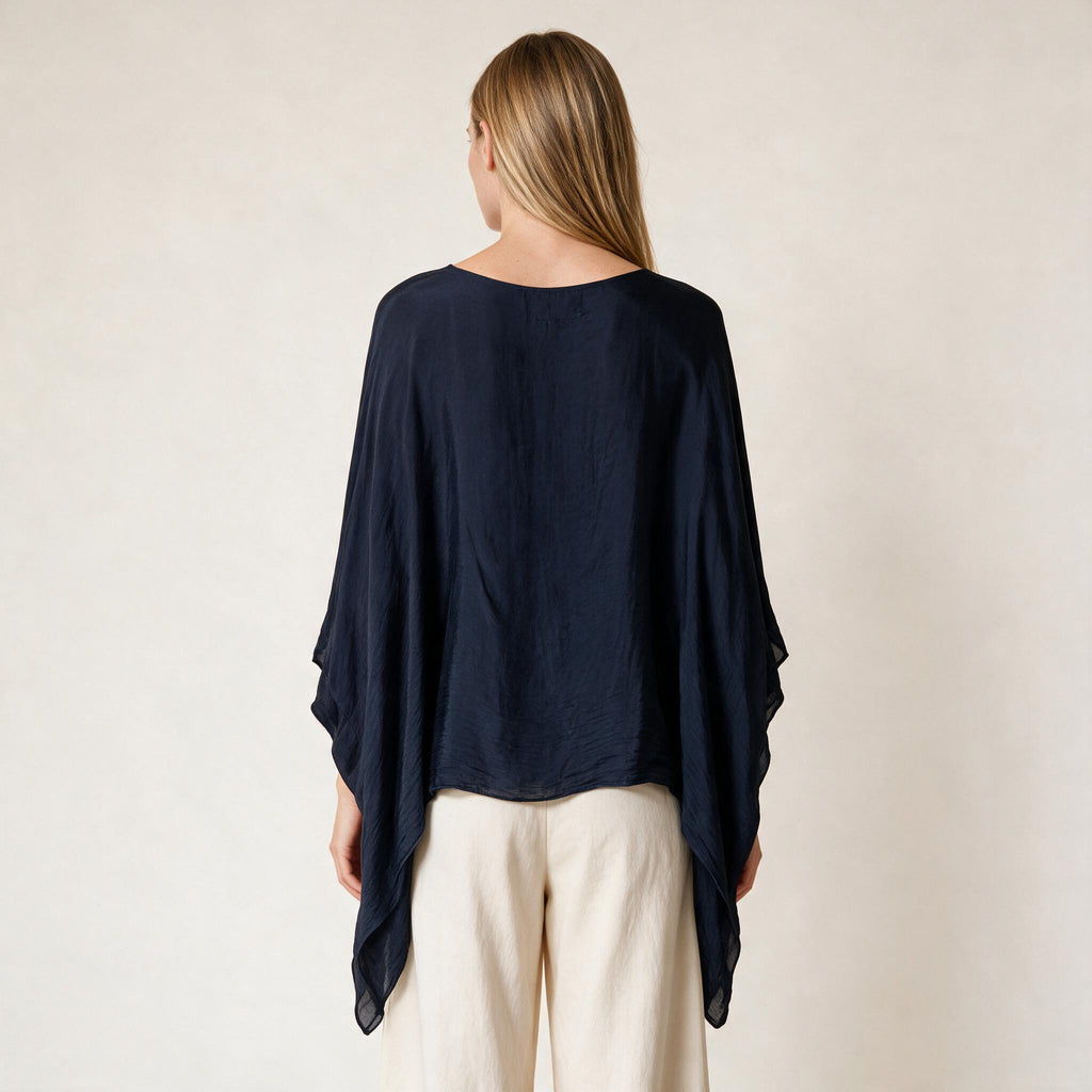 Navy Blue Silk Ladies Kaftan Style Top- One Size , Fall Winter