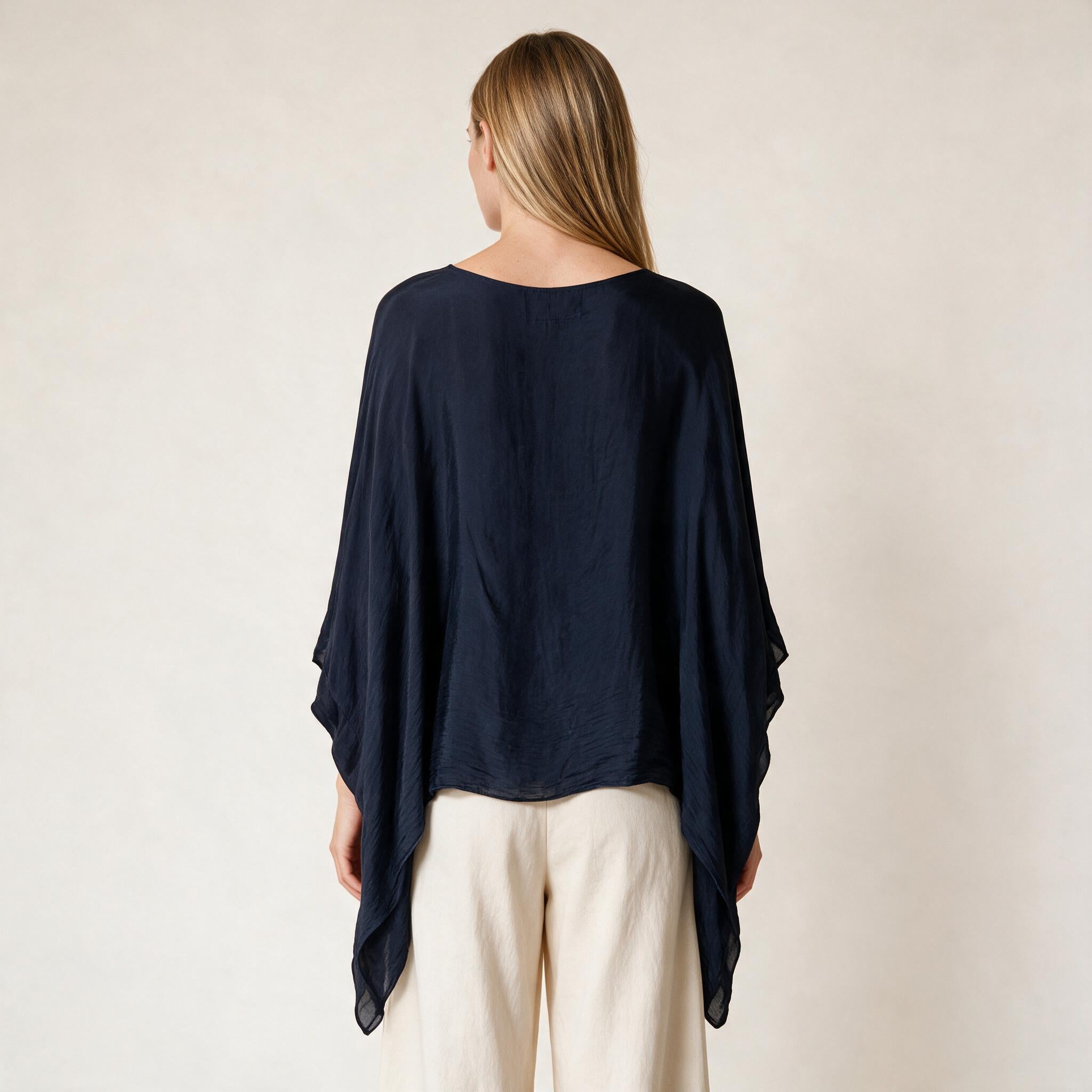 Navy Blue Silk Ladies Kaftan Style Top- One Size , Fall Winter