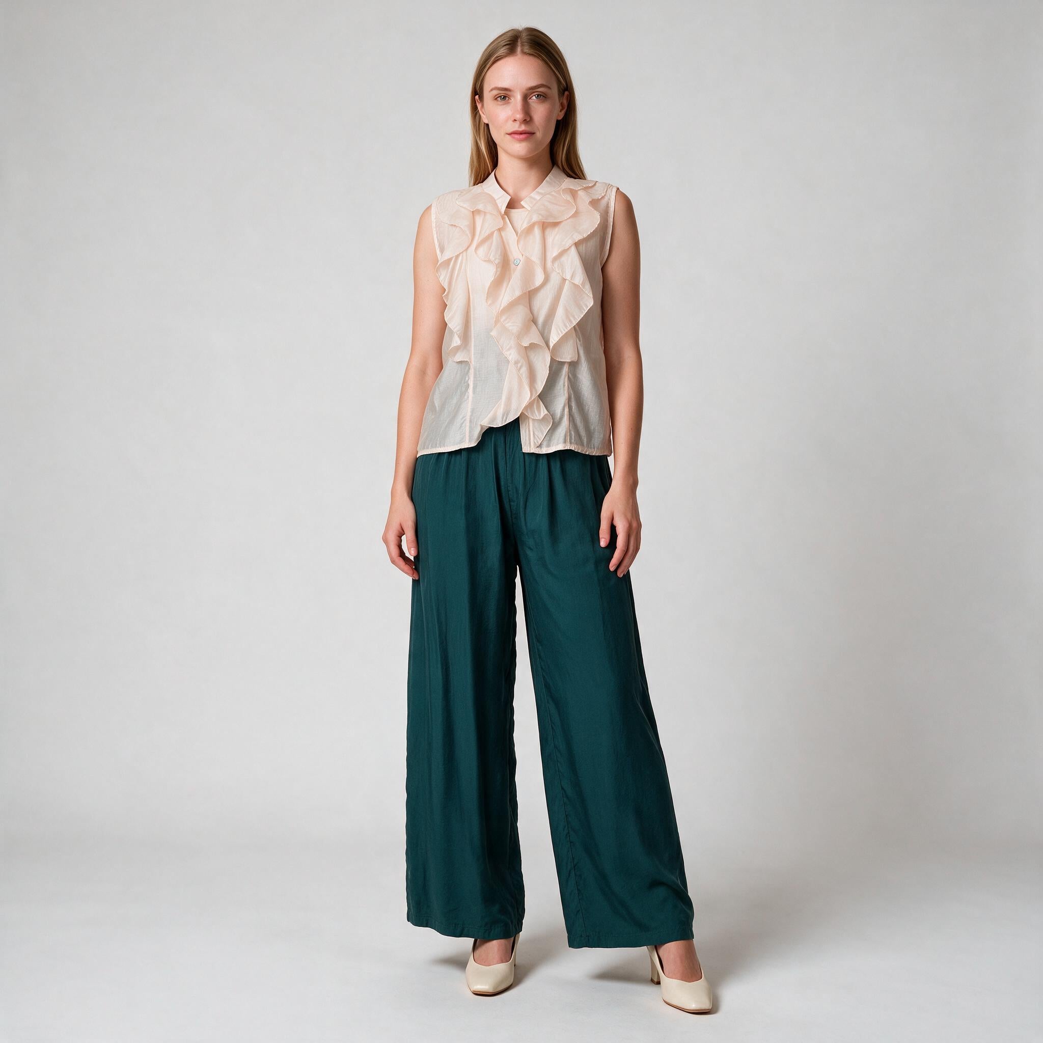 Emerald Green Luxury Silk Wide Leg Trousers -Size S , Fall Winter