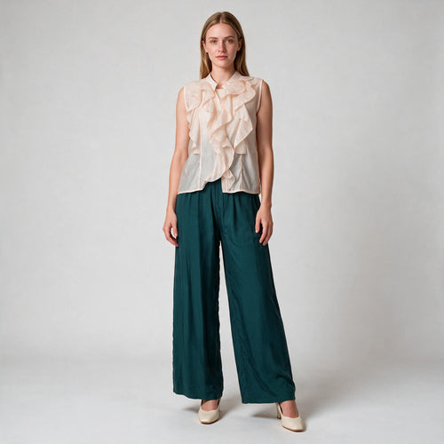 Emerald Green Luxury Silk Wide Leg Trousers -Size S , Fall Winter