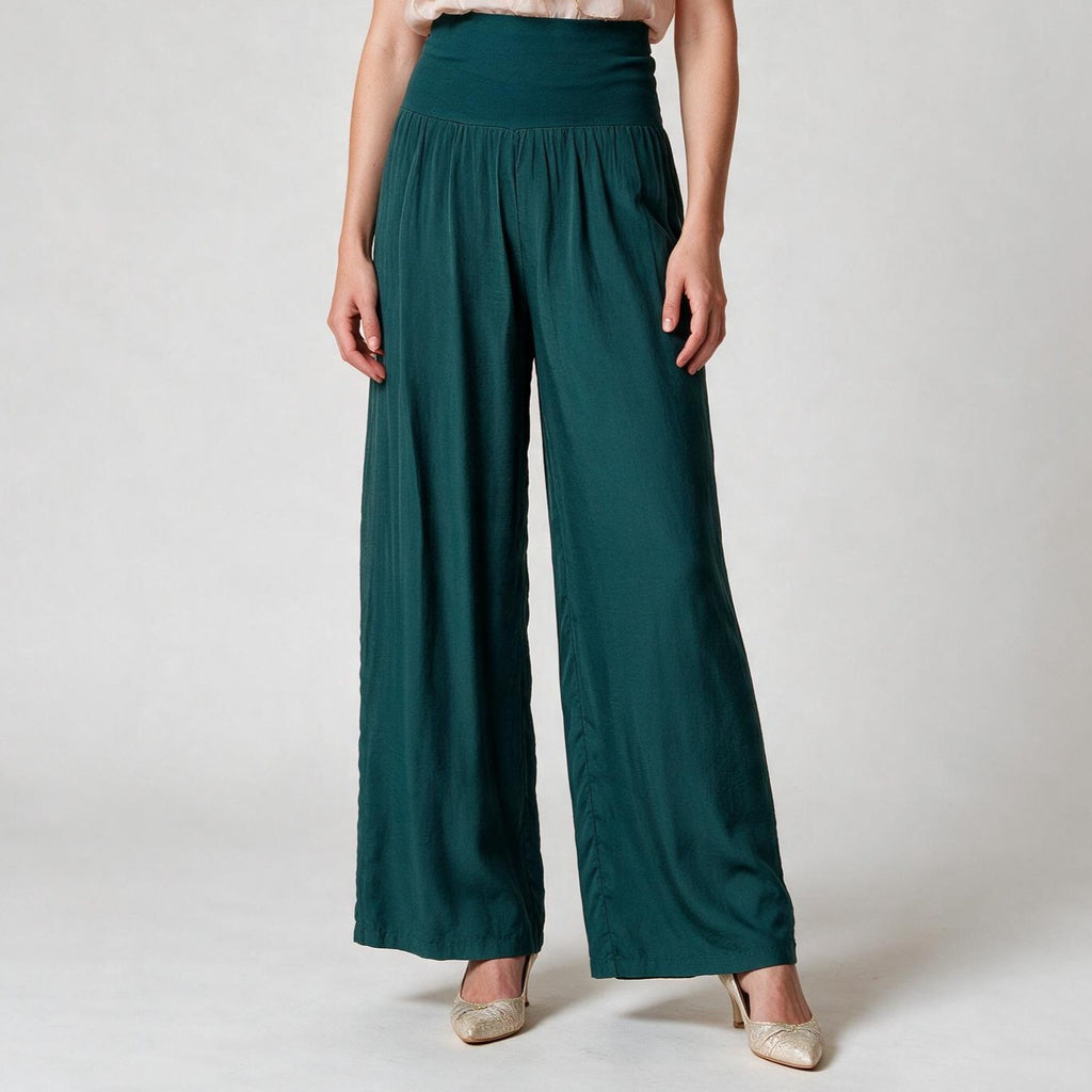 Emerald Green Luxury Silk Wide Leg Trousers -Size S , Fall Winter