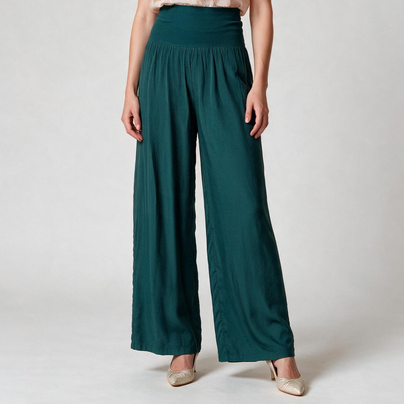 Emerald Green Luxury Silk Wide Leg Trousers -Size S , Fall Winter