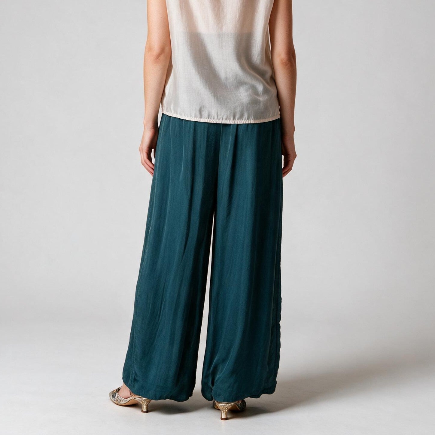 Emerald Green Luxury Silk Wide Leg Trousers -Size S , Fall Winter