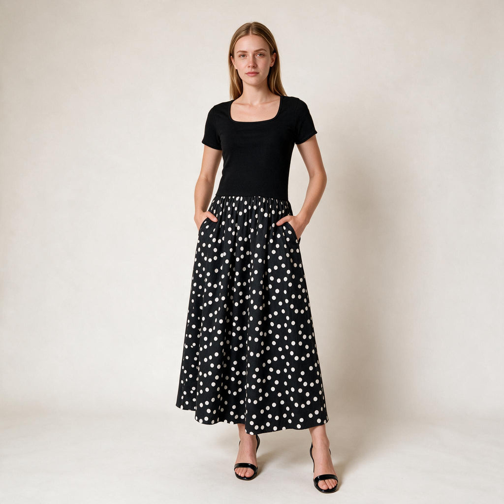 Black Polka Dot Long Dress- S Size