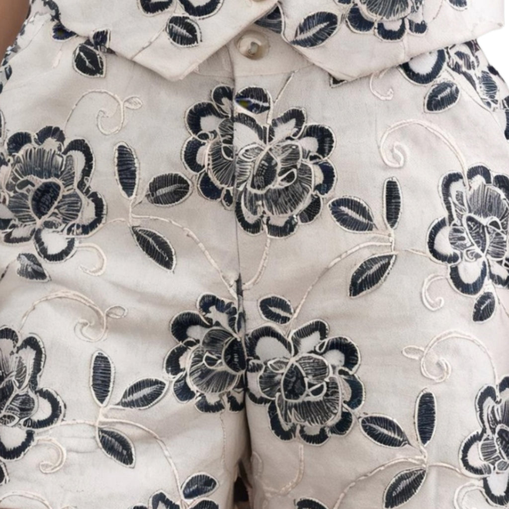 Women's Beige Black Embroidery Mid Season Vest & Shorts Co-ord Set- Women's wear